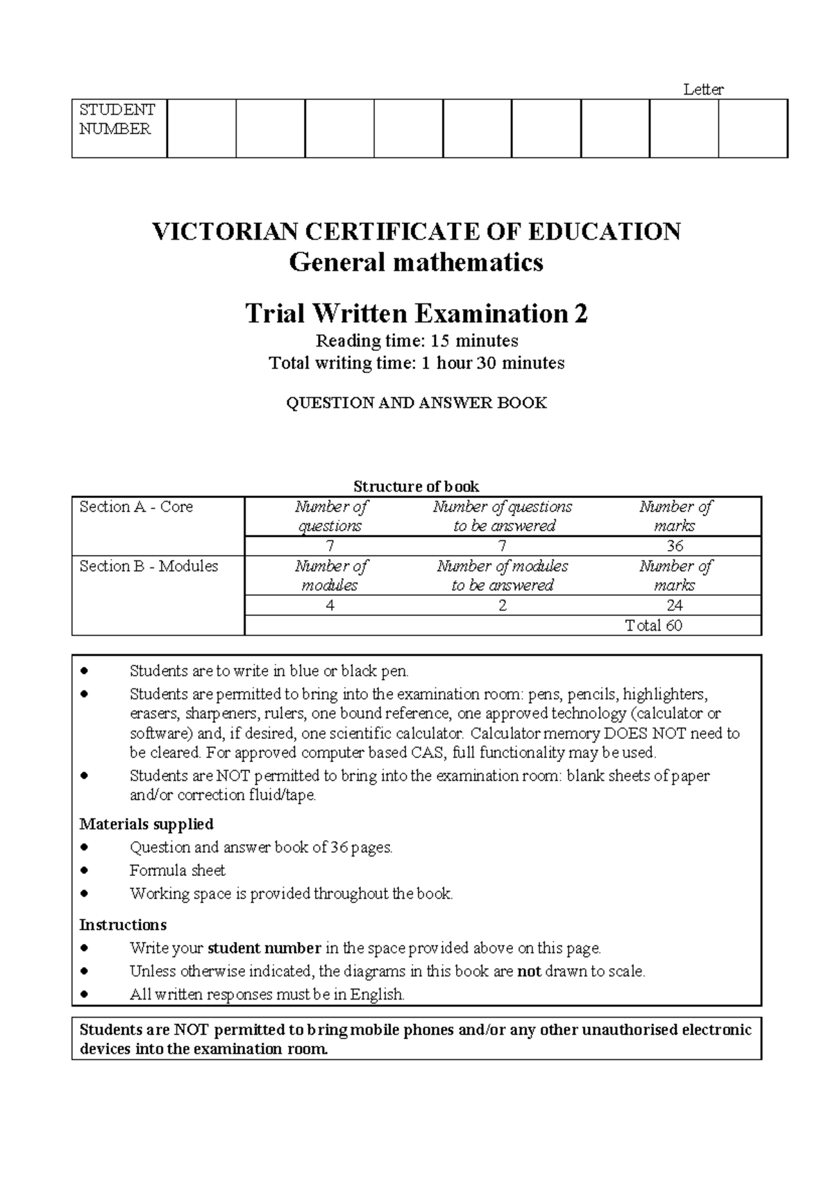 General Mathematics VCE Trial Exam 2 - Paper 2 - Studocu