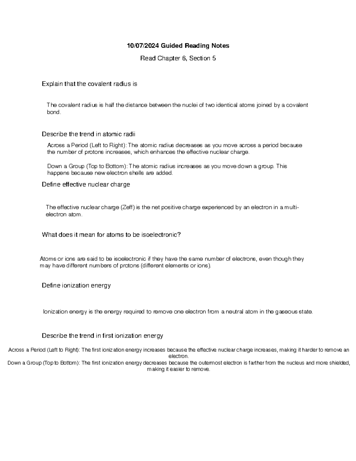 1007 Guided Reading Notes - CHEM 1100 - 10 / 07 /202 4 Guided Reading ...