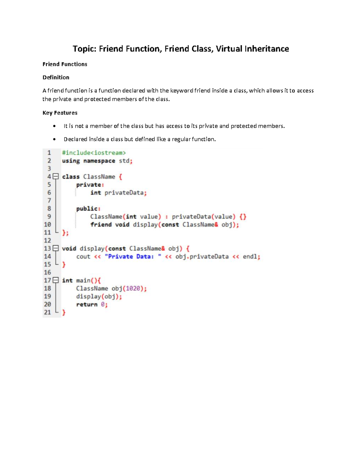 Lecture 17 - Topic: Friend Function, Friend Class, Virtual Inheritance ...