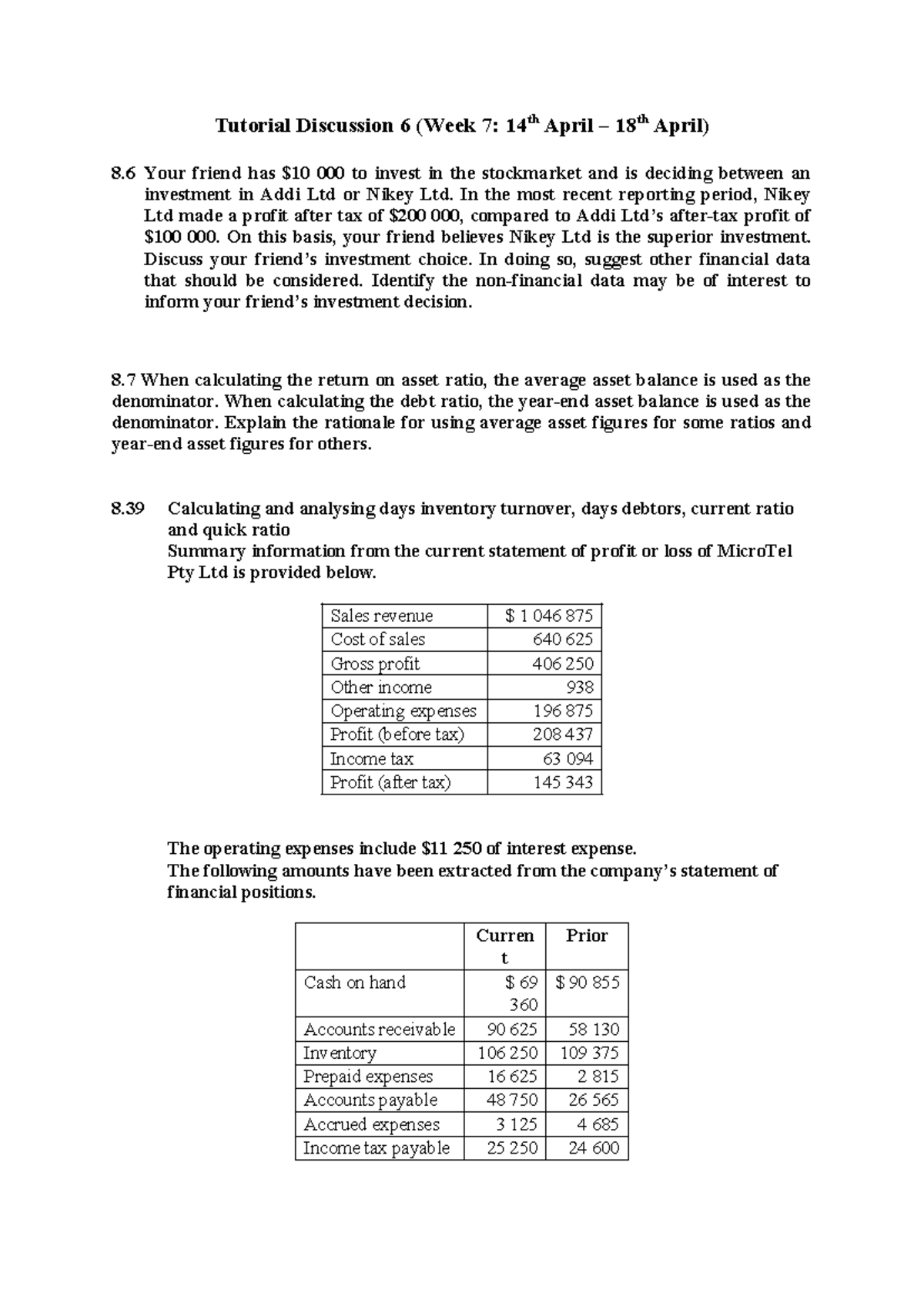 Tutorial discussion 6: Investment choices and financial ratios analysis ...