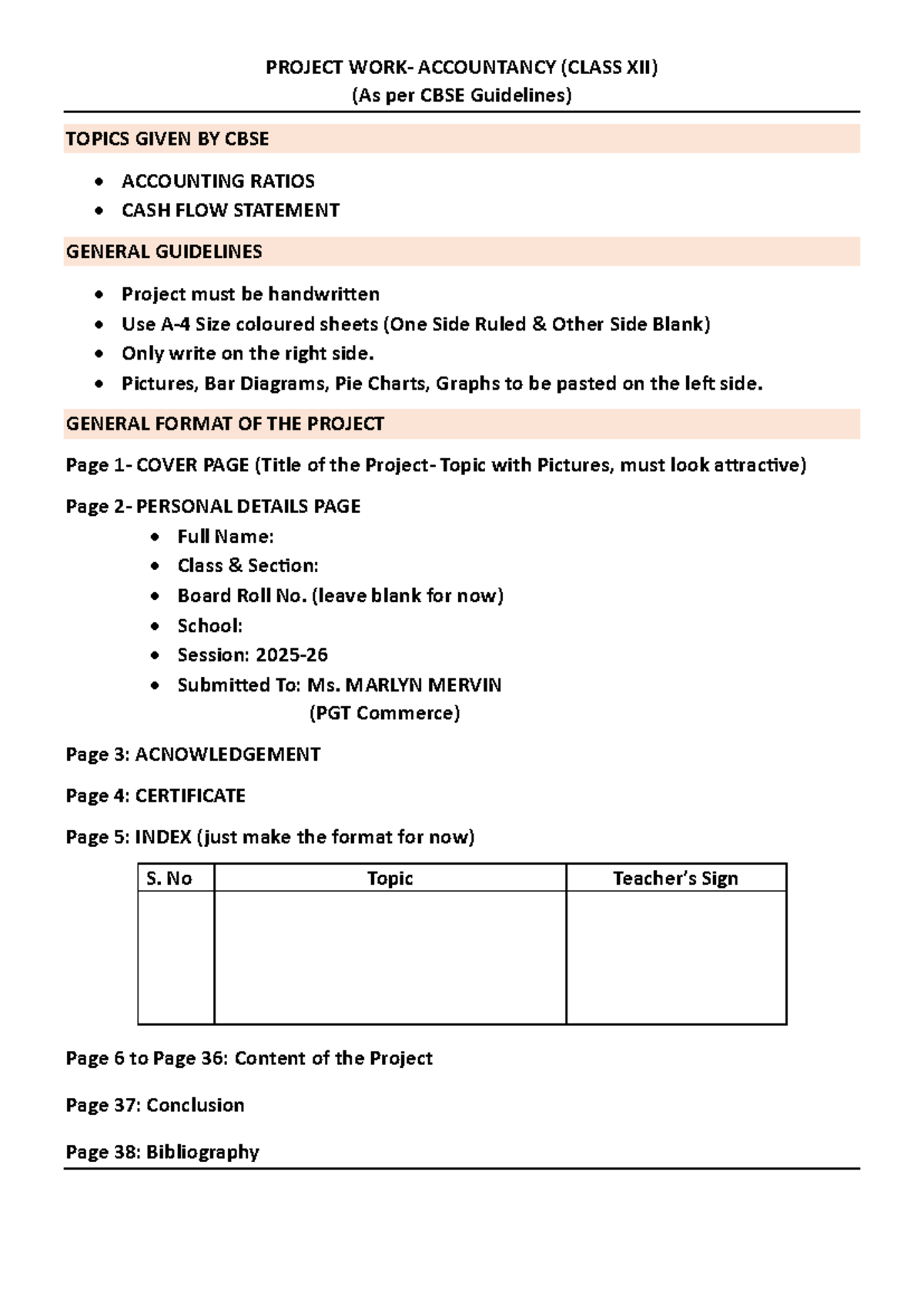 PROJECT ACCOUNTANCY (CLASS XII) - Guidelines & Format for 2025 - Studocu