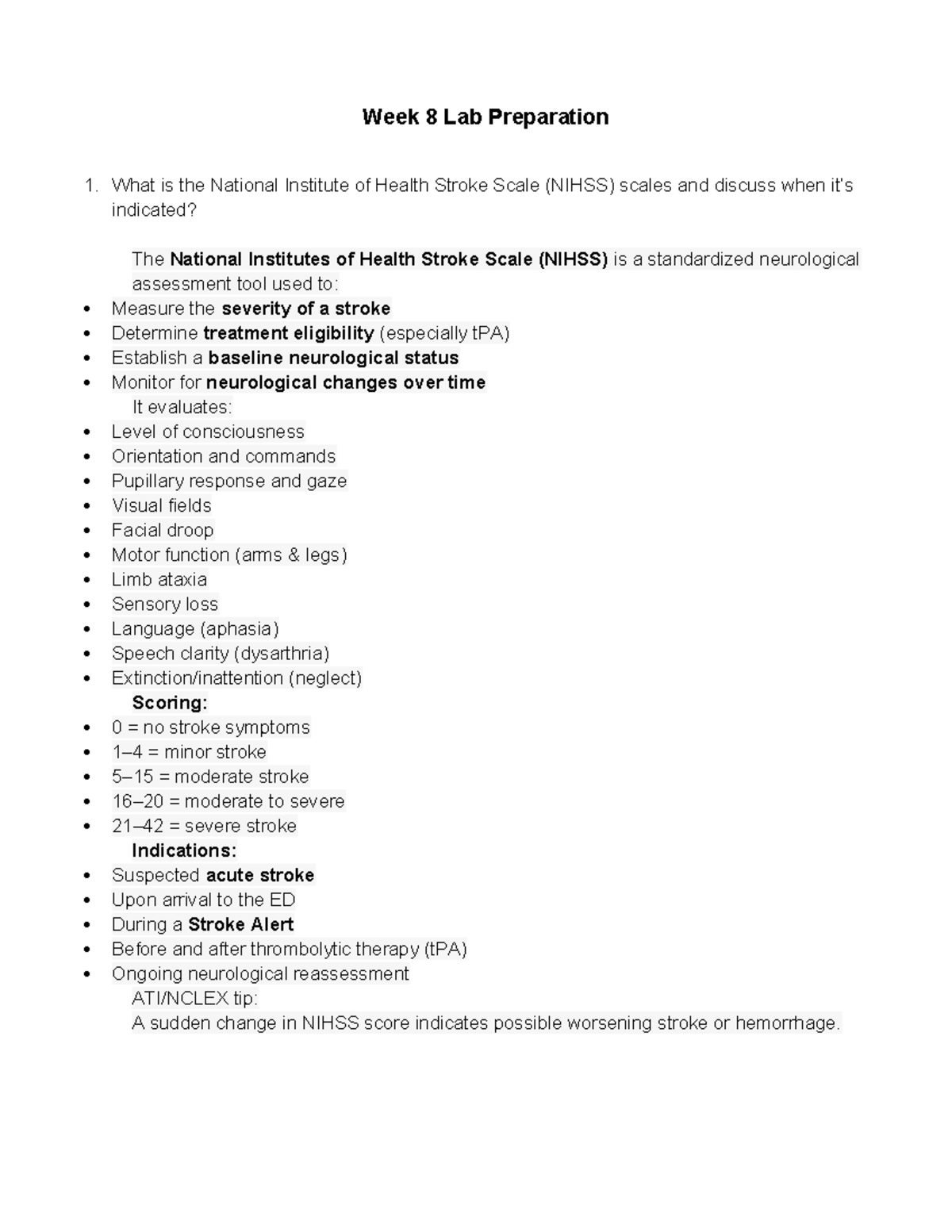 Week 8 Lab Prep: NIH Stroke Scale & BE FAST Assessment (NUR 202) - Studocu