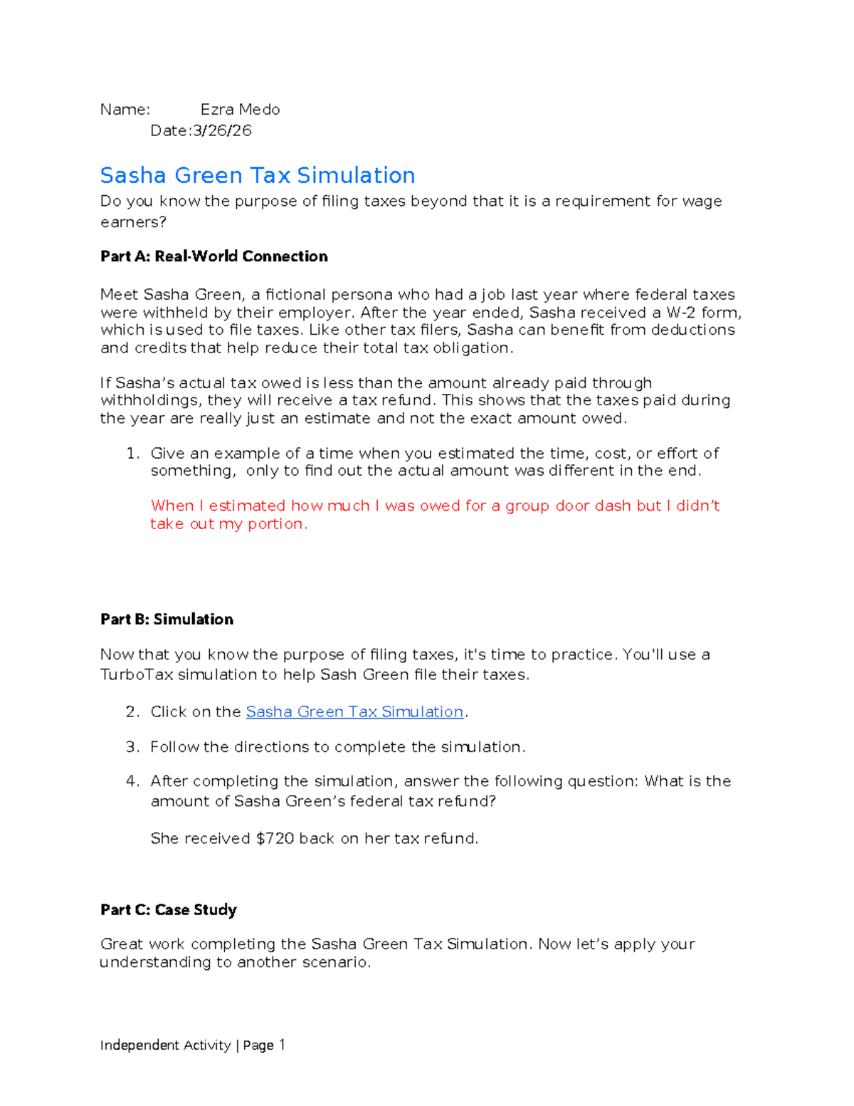 Sasha Green Tax Simulation: Understanding Filing & Refunds - Studocu