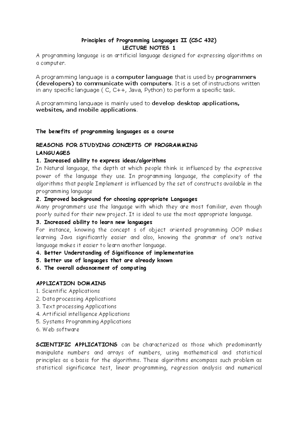 CSC 432 Lecture 1 - csc 432 note - Principles of Programming Languages ...