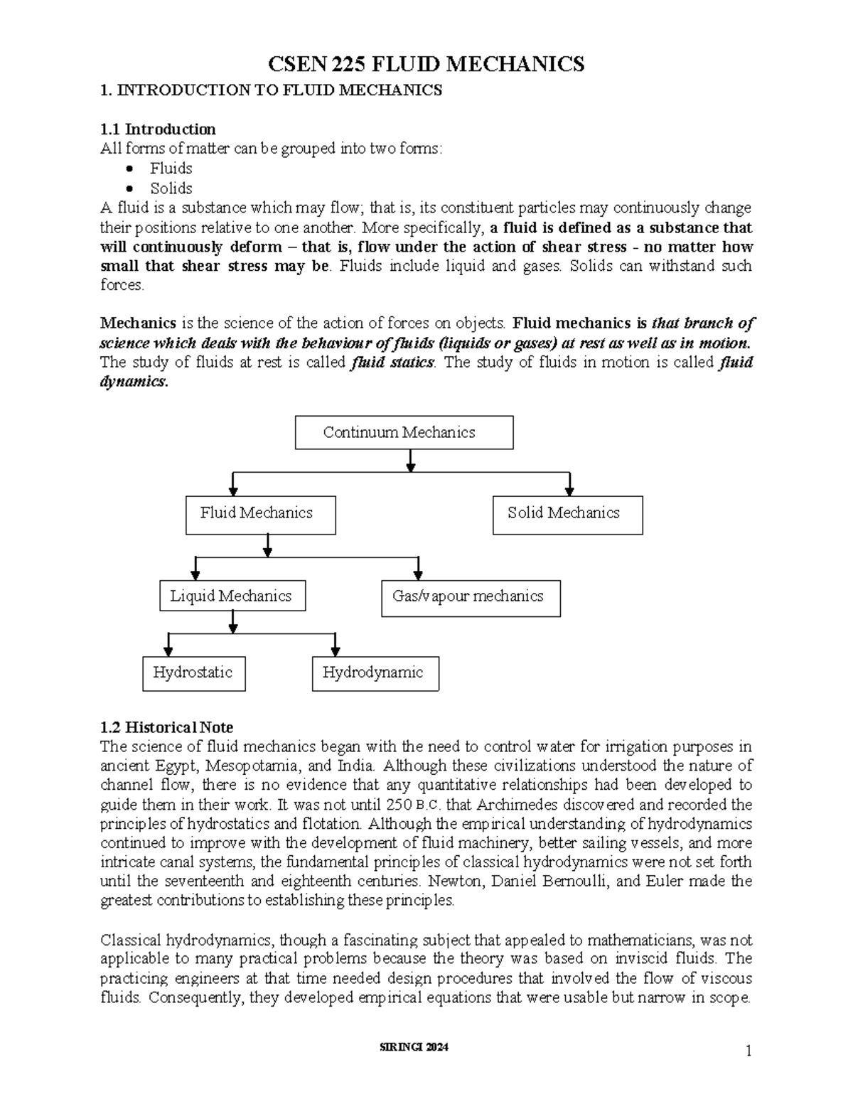 CSEN 225 - Lecture 1 Notes - 1. INTRODUCTION TO FLUID MECHANICS 1 ...
