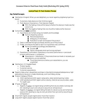 Consumer Behavior Exam 1 Study Guide (MKT 490, Spring 2025) - Studocu