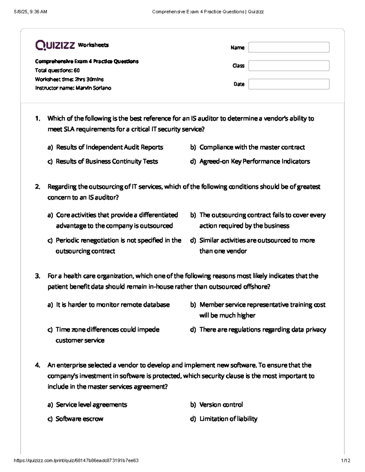 Comprehensive Exam 4 Practice Questions (IS Audit) - Quizizz - Studocu