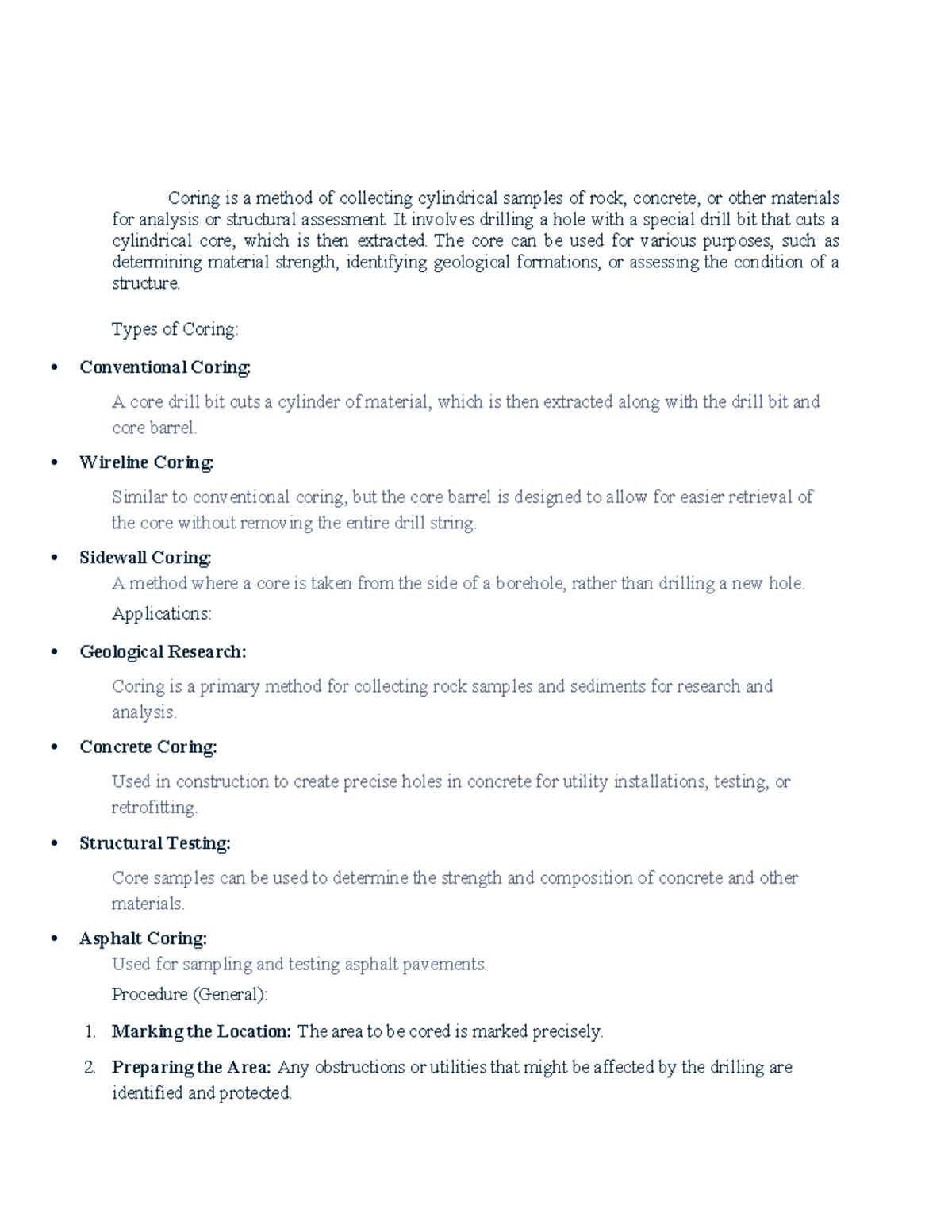 CIV 101: Coring Methods for Material Analysis and Assessment - Studocu