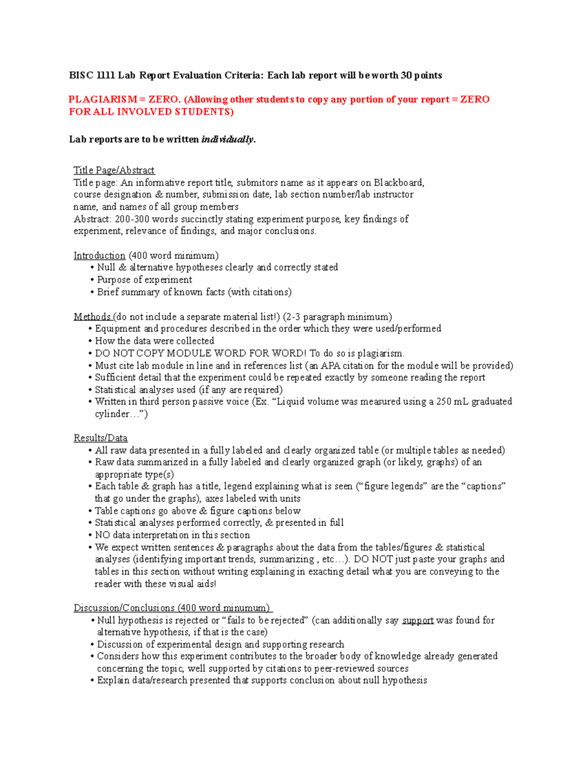 BISC 1111 Fall 2023 Lab Report Evaluation Criteria and Guidelines - Studocu