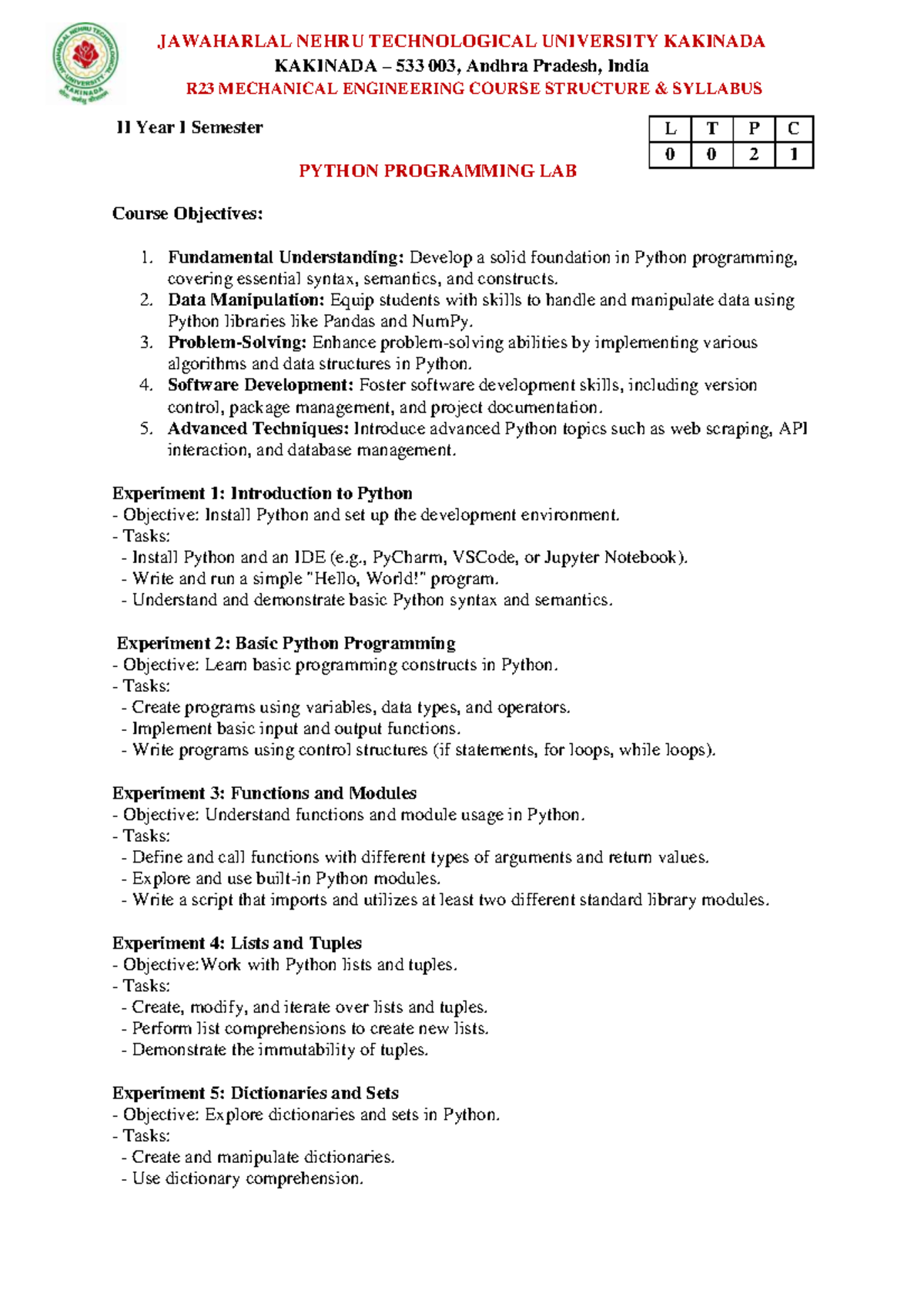 R23 MECHANICAL ENGINEERING PYTHON PROGRAMMING LAB SYLLABUS - Studocu