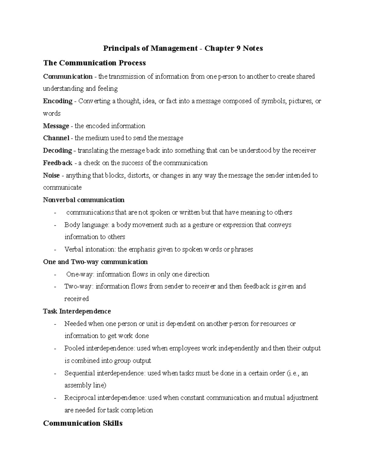 Management Principles Chapter 9: Communication Process Notes - Studocu