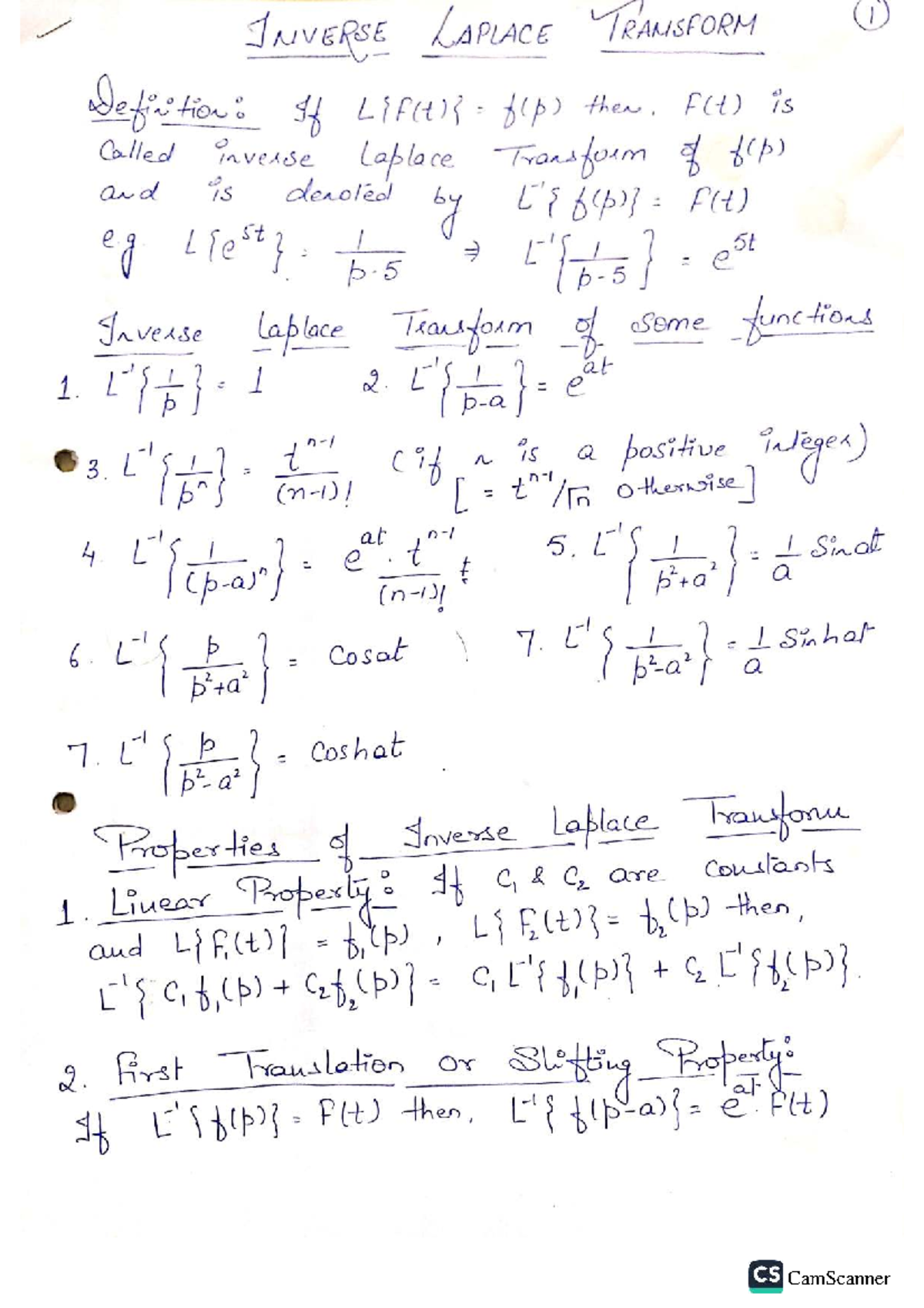 Notes on Inverse Laplace Transform (MATH 101) - Studocu