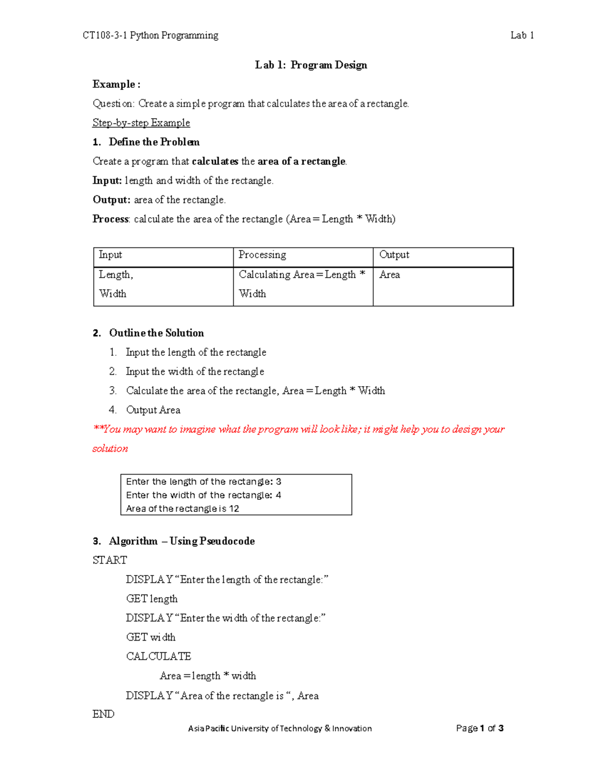 Python Programming Lab 1: Area Calculation & Pseudocode Examples - Studocu
