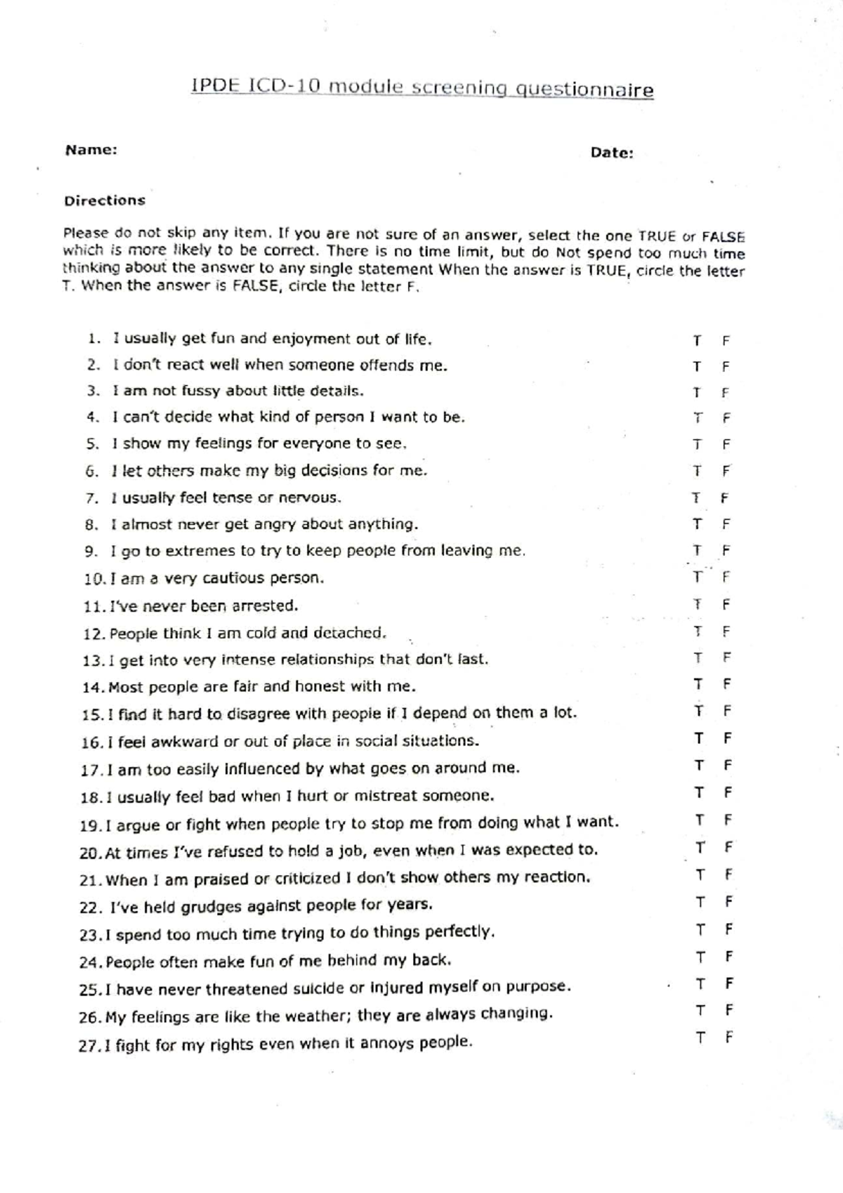IPDE Screening Questionnaire - Personality Assessment Tool - Studocu