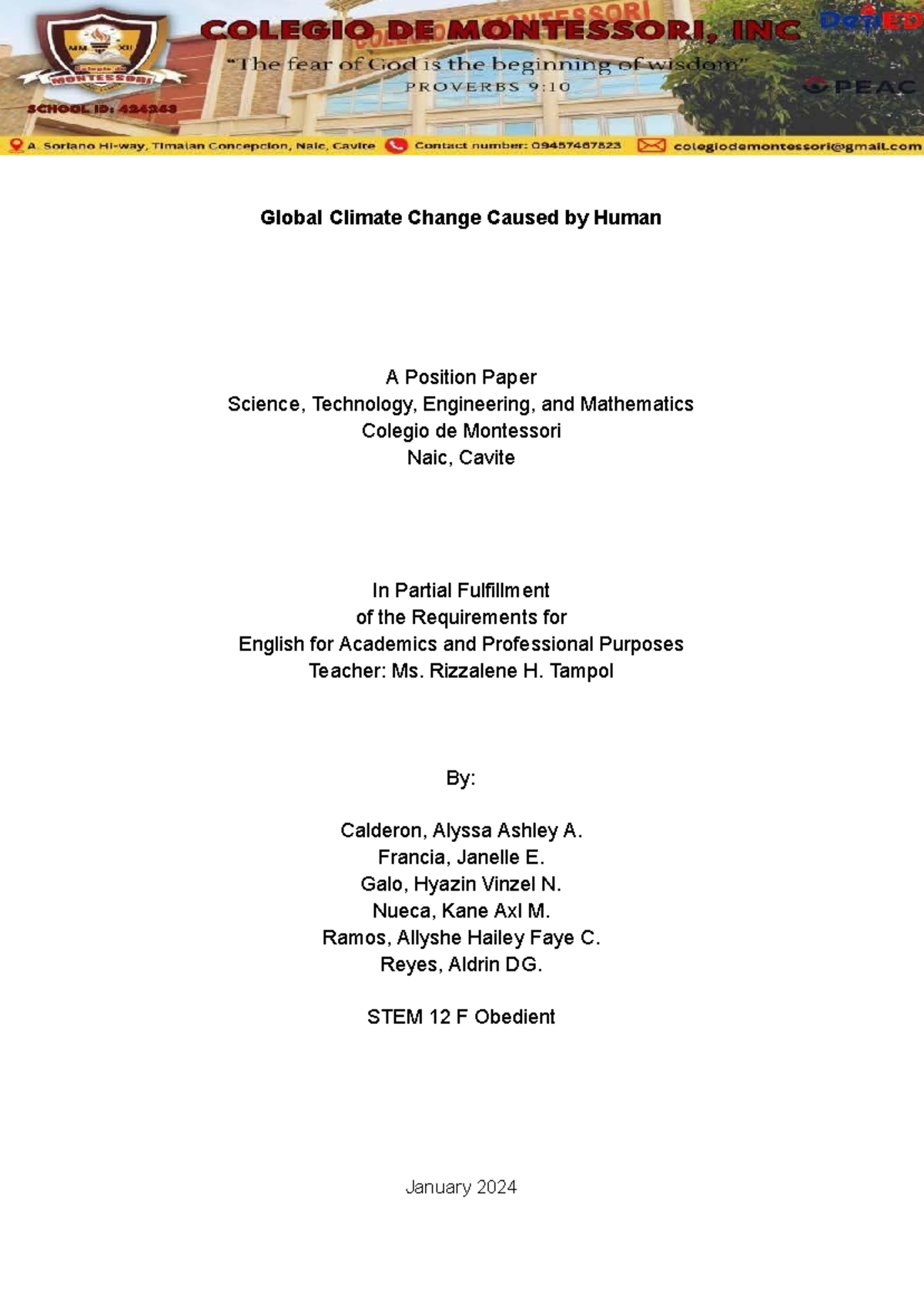 STEM 12 F: Position Paper on Human-Caused Global Climate Change - Studocu