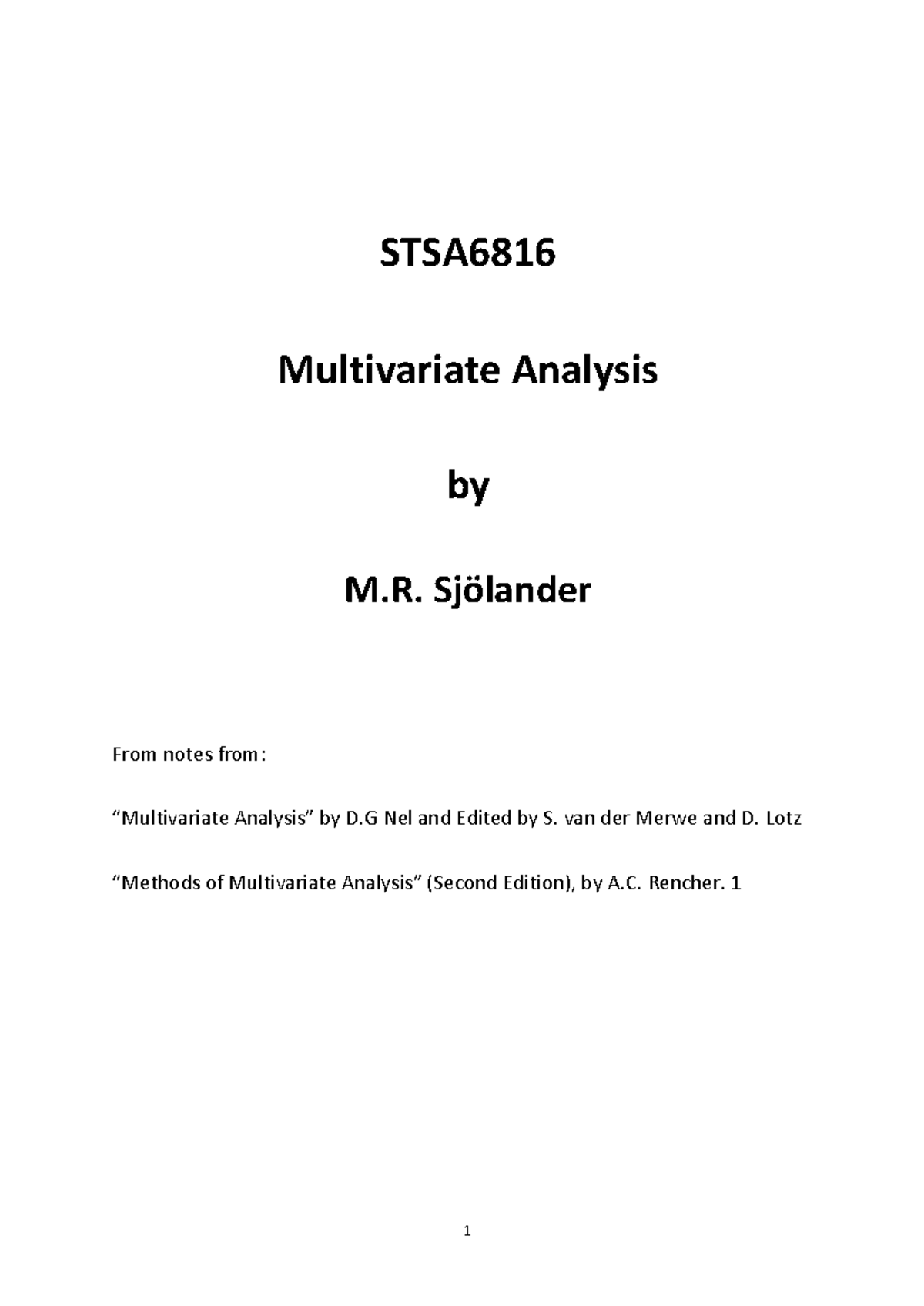 STSA6816 Multivariate Analysis Notes: Chapter 1 - Matrix Algebra - Studocu