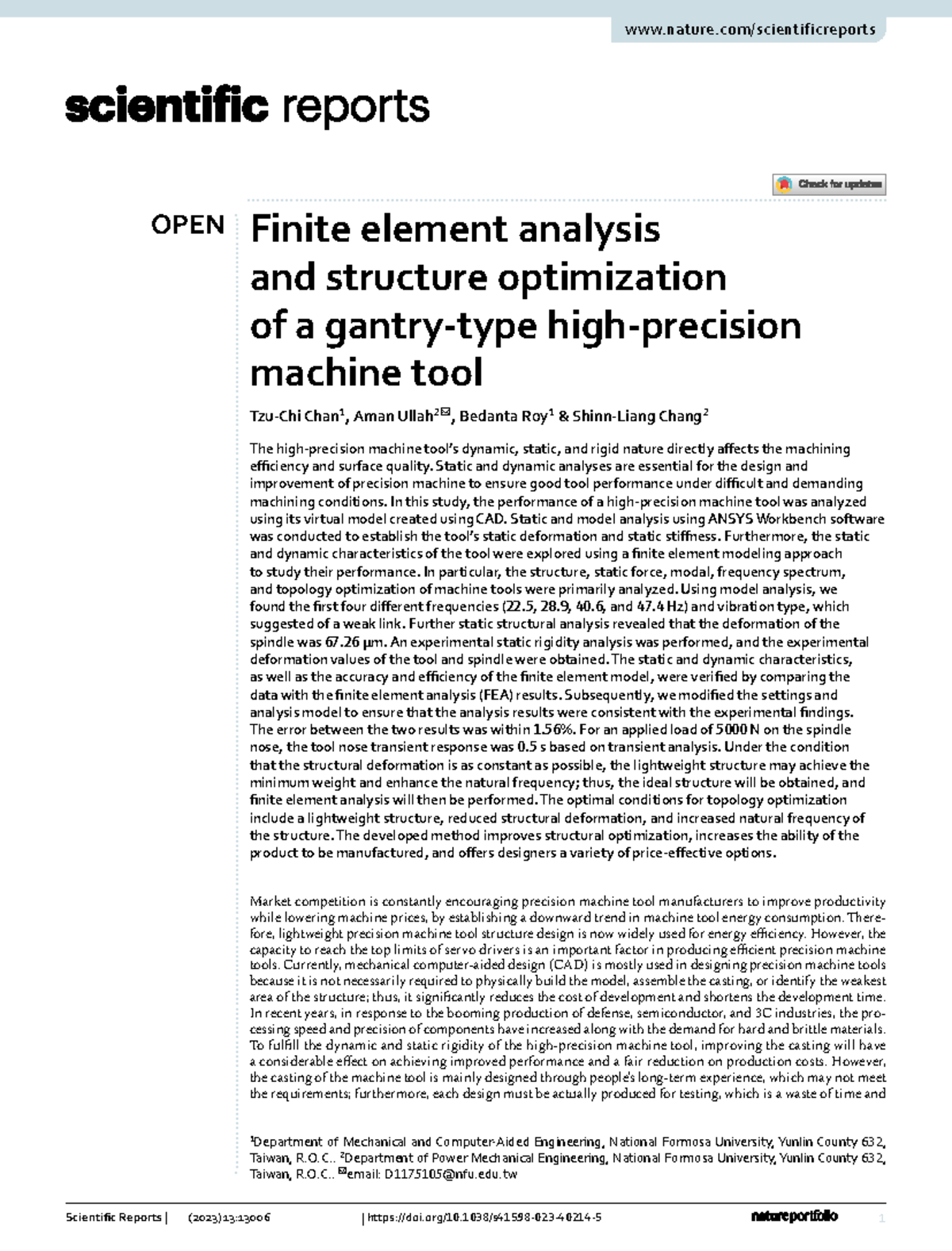 OPEN FEA and Structural Optimization of Machine Tools - S41598 023 ...