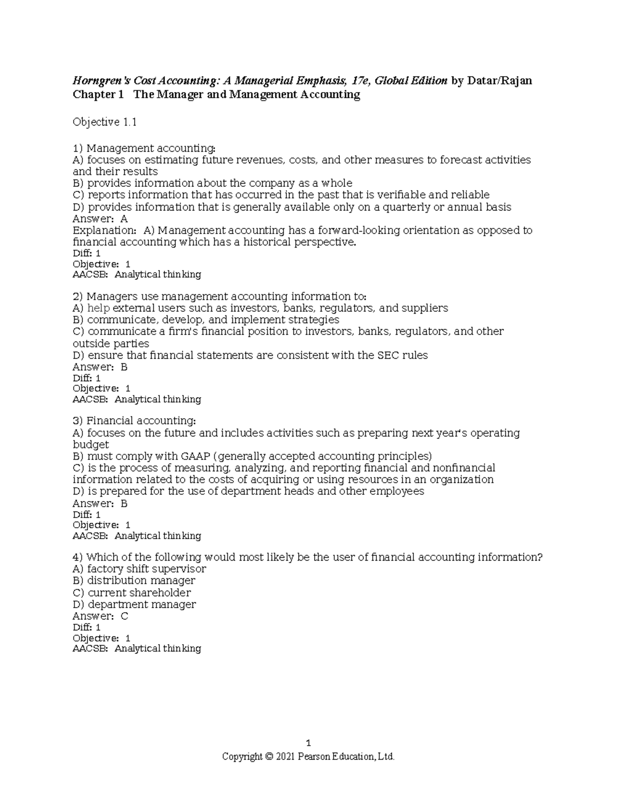 Cost Accounting (ACCT 101): Chapter 1 Test Bank & Key Concepts - Studocu