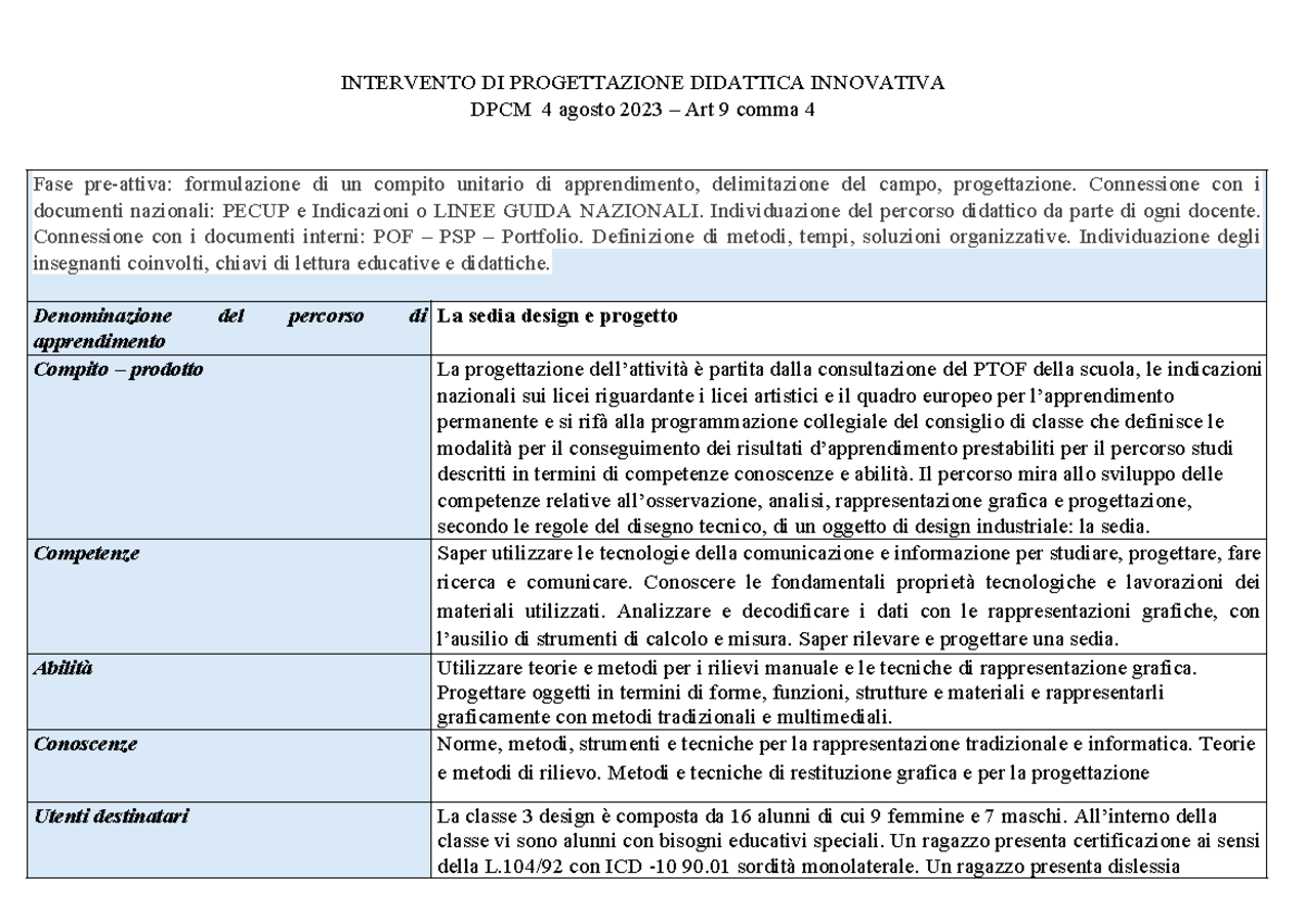 Progetto di Design Didattico: Rilievo e Progettazione Sedia 3D - Studocu