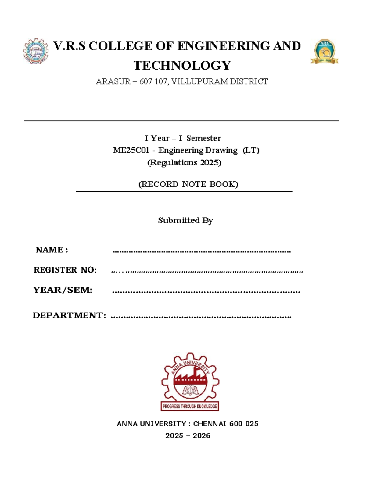 ME25C01 Engineering Drawing Record - I Year I Semester - Studocu