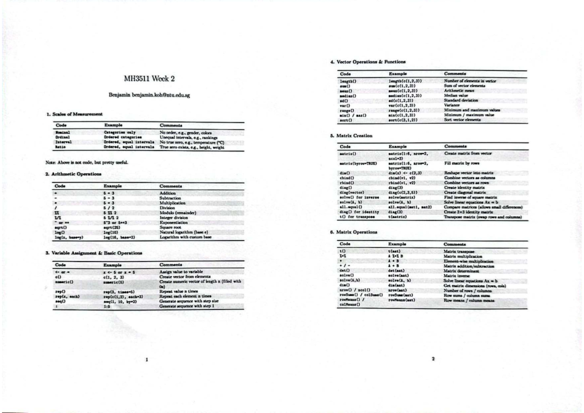 MH3511 Week 2 & 4: Vector & Matrix Operations in R - Studocu
