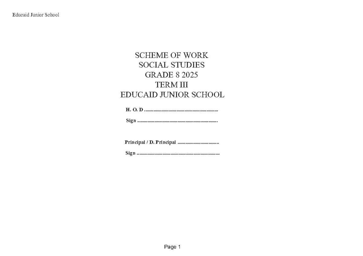 Educaid Junior School Social Studies Grade 8 Scheme of Work Term 2025 ...