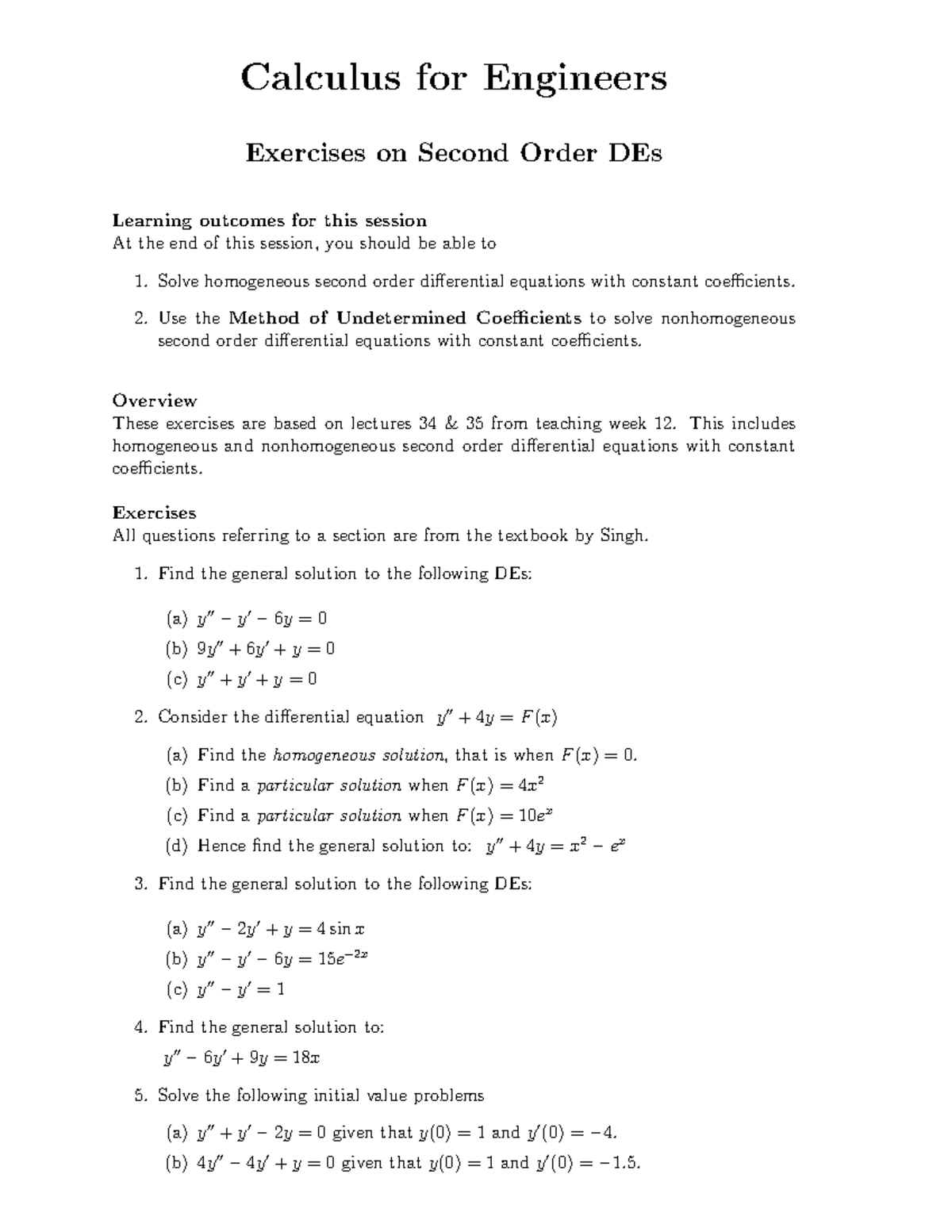 Calculus for Engineers: Exercises on 2nd Order DEs - Studocu