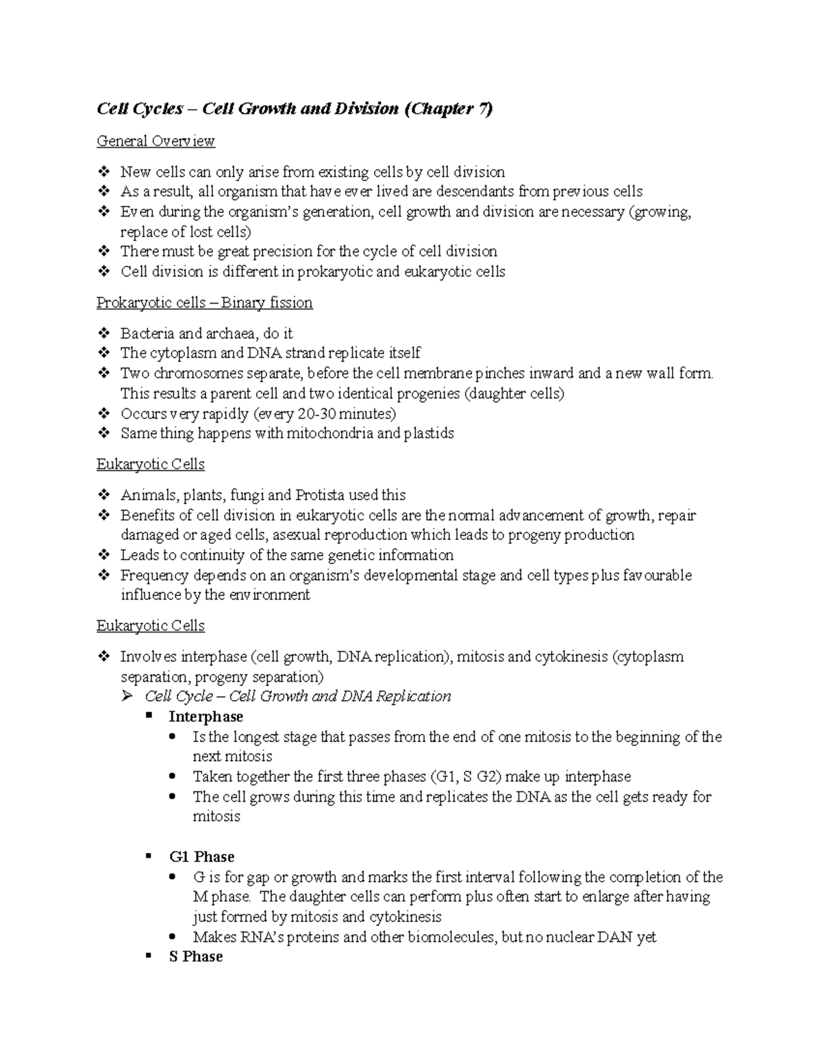 Biology 120 Notes Chapter 7 and 8 - Cell Cycles – Cell Growth and ...