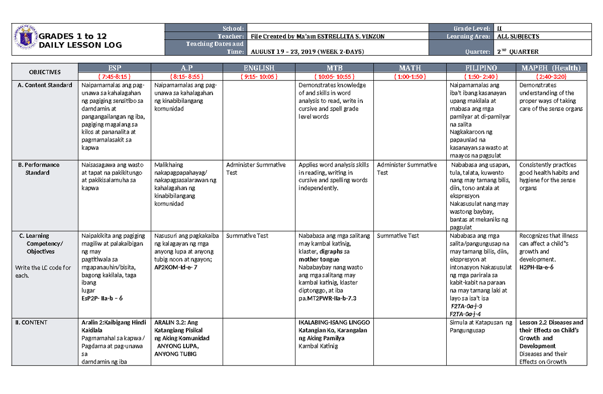 DLL ALL Subjects 2 Q2 W2 D5 - GRADES 1 to 12 DAILY LESSON LOG School ...