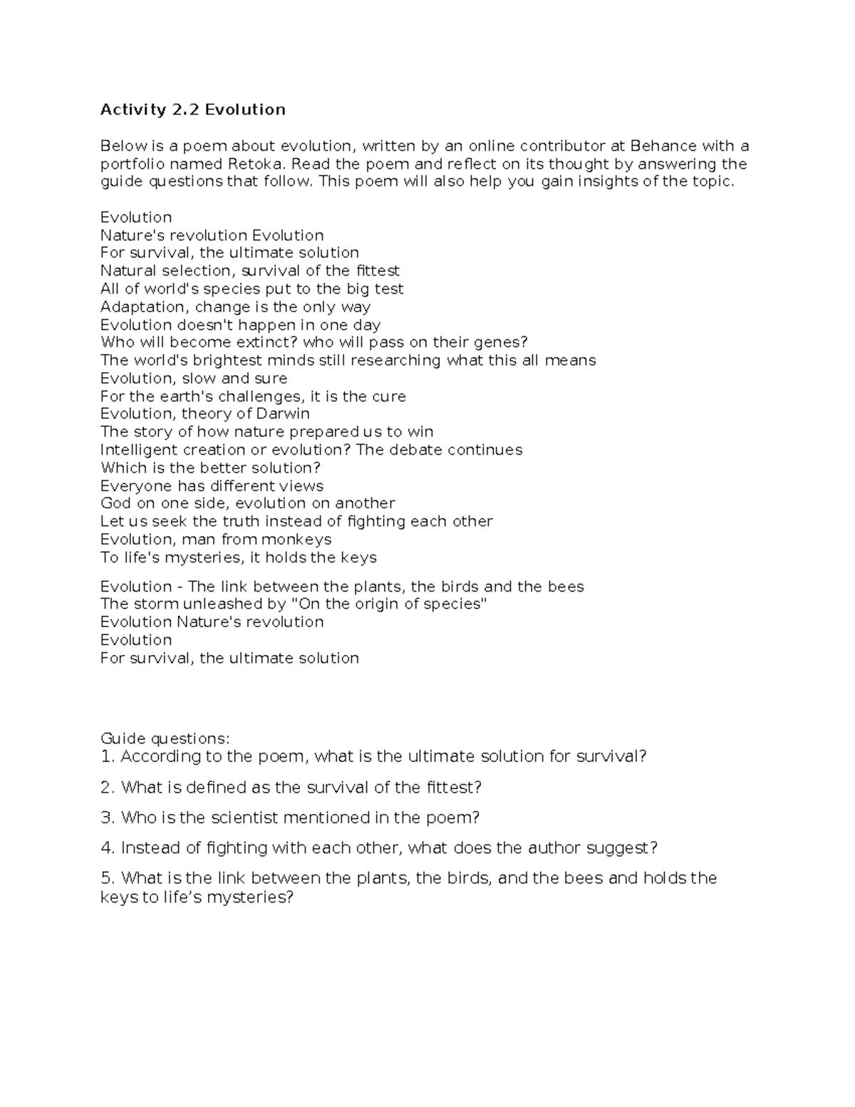 Activity 2: evlution - Activity 2 Evolution Below is a poem about ...