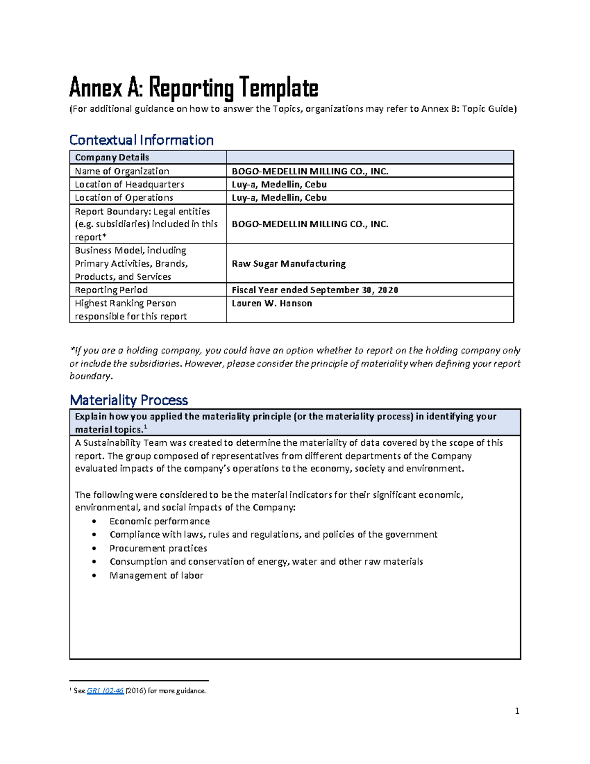 Annex A: Reporting Template for Bogo-Medellin Milling Co., Inc. (FY ...