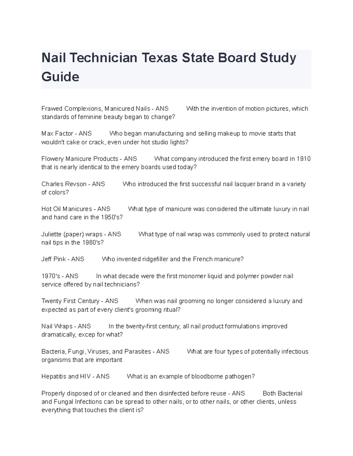 Nail Technician Exam Study Guide 2024: Texas State Board Prep - Studocu