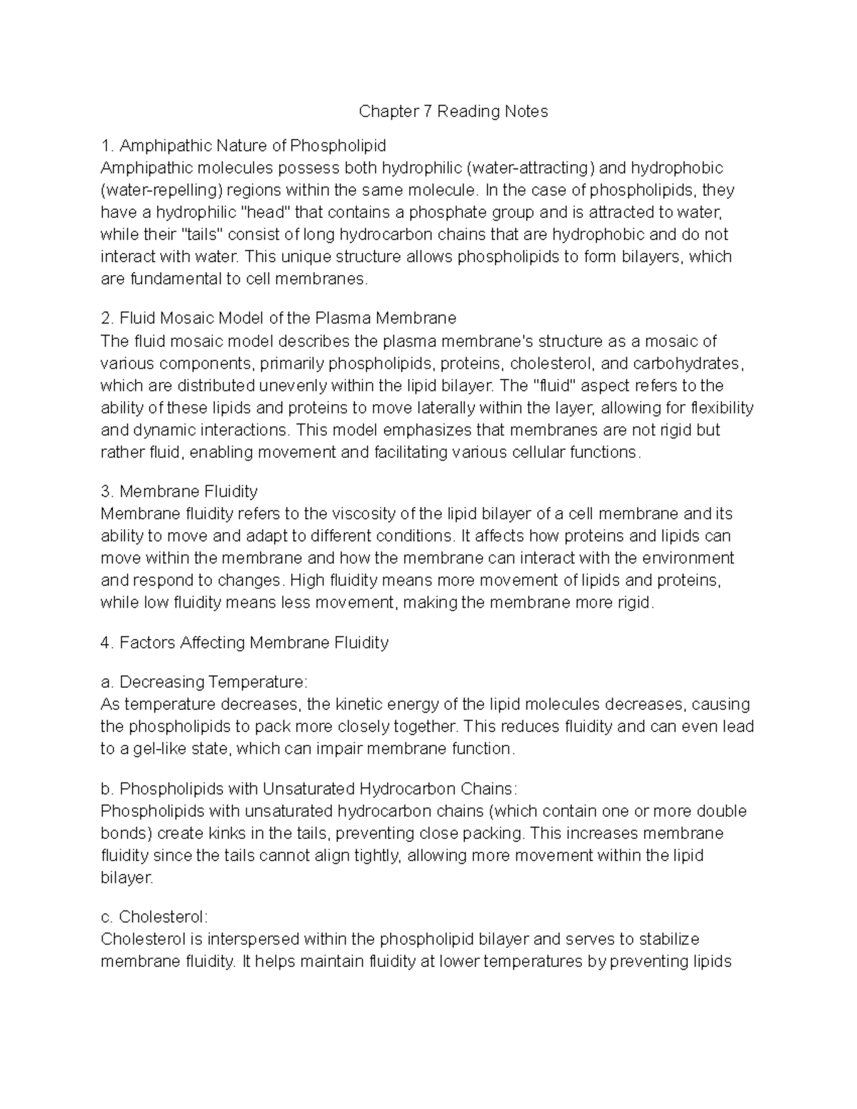 Chapter 7 Reading Notes - Chapter 7 Reading Notes Amphipathic Nature of ...