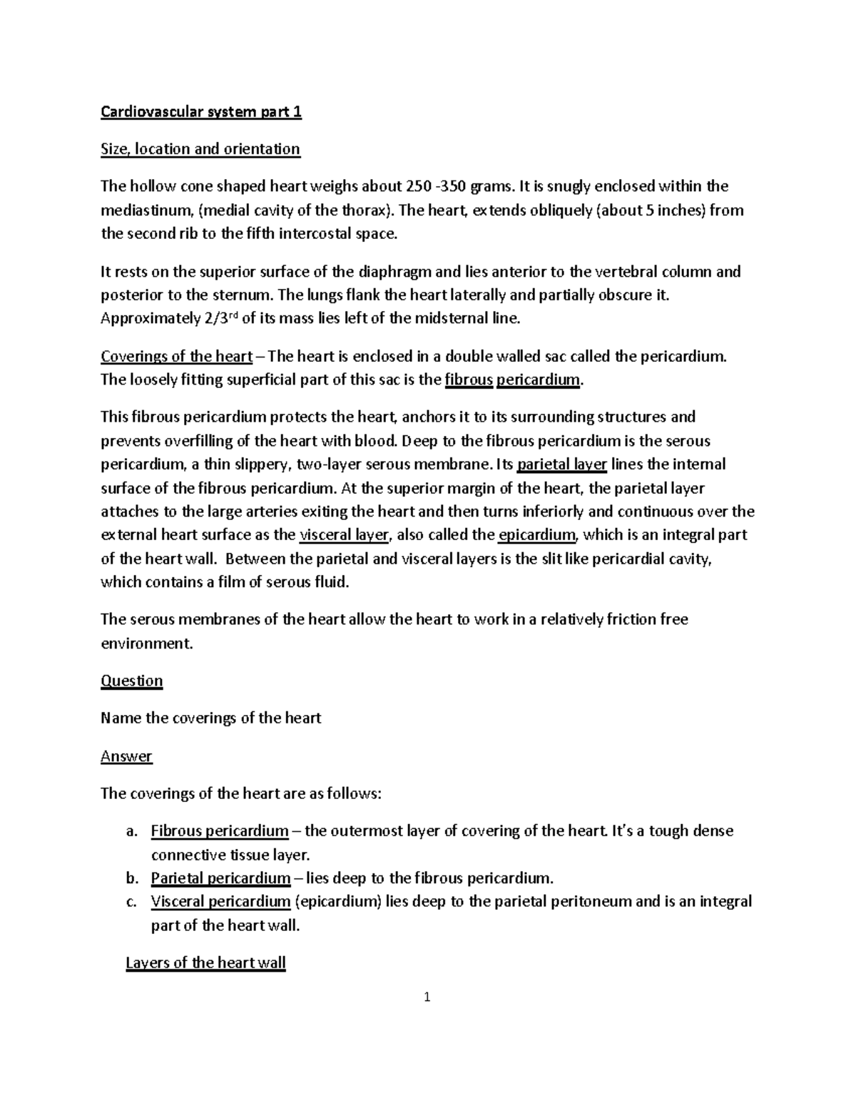 CVS 2: Part 1 Lecture Notes on Heart Anatomy and Function - Studocu