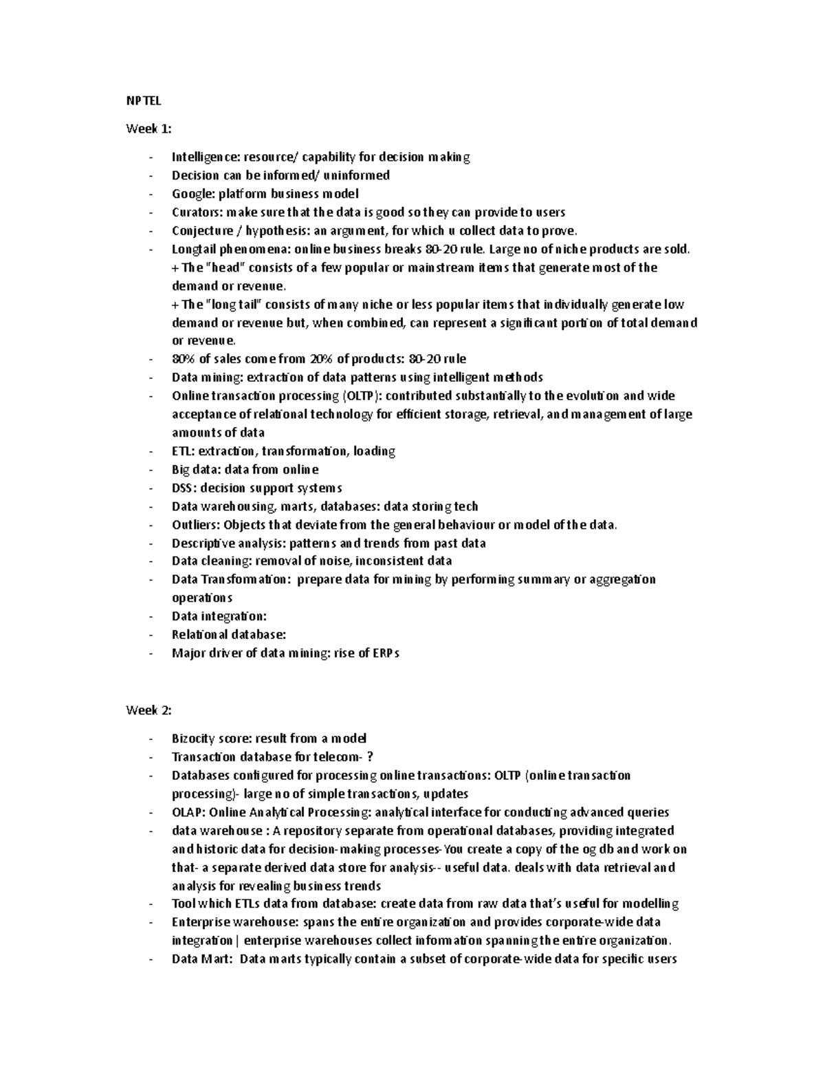 Business Intelligence And Analytics Week 1 To Week 12 Notes Nptel