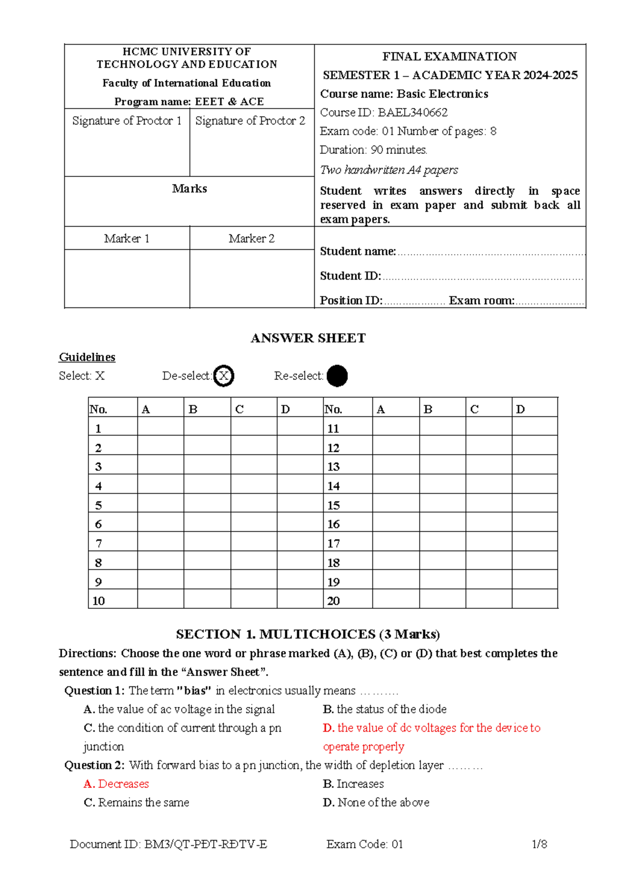 BAEL340662 Final Exam: Basic Electronics - Semester 1 - Studocu