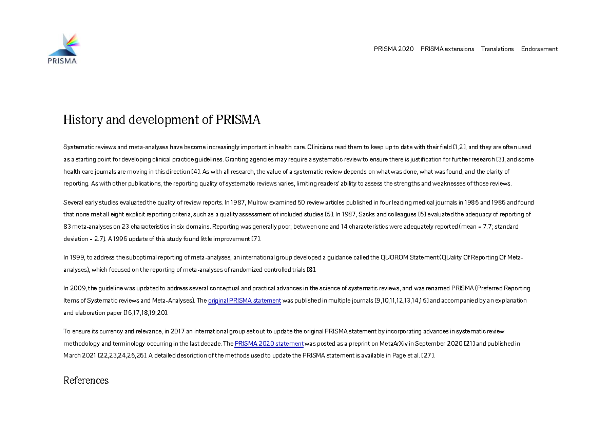 PRISMA 2020: History and Development of the PRISMA Statement - Studocu