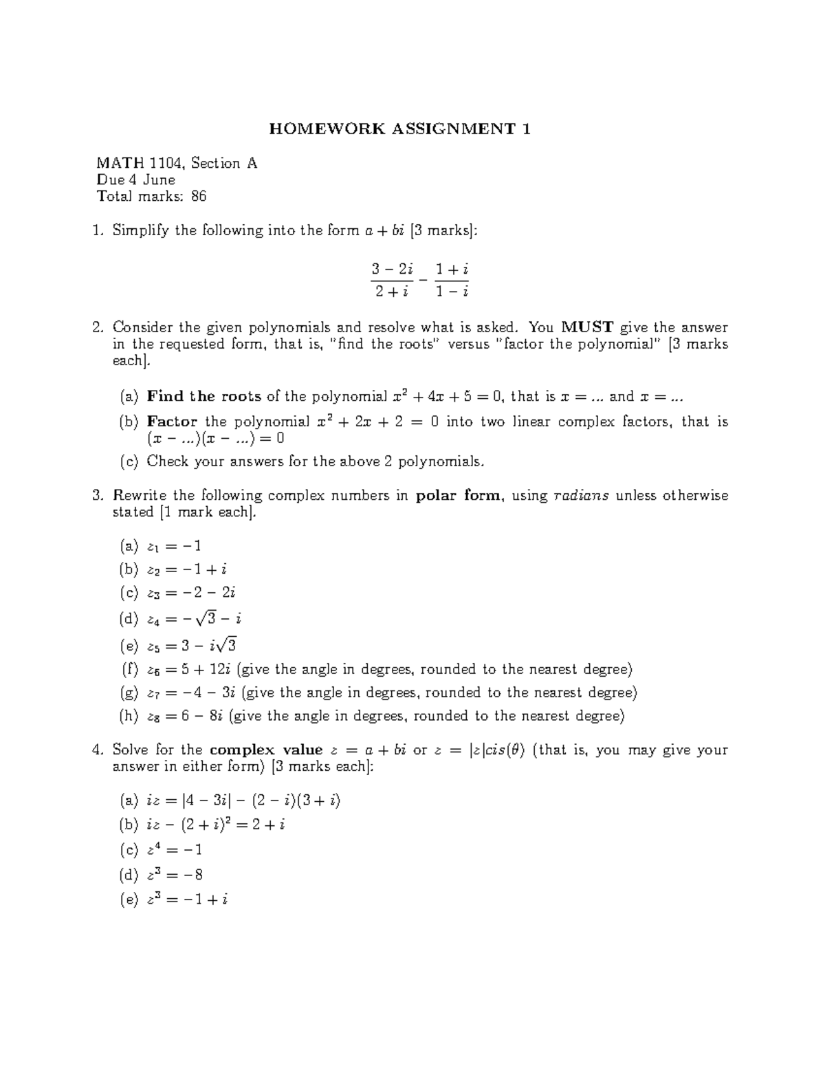 Homework Assignment 1 MATH 1104, Section A - Due 4 June - Studocu