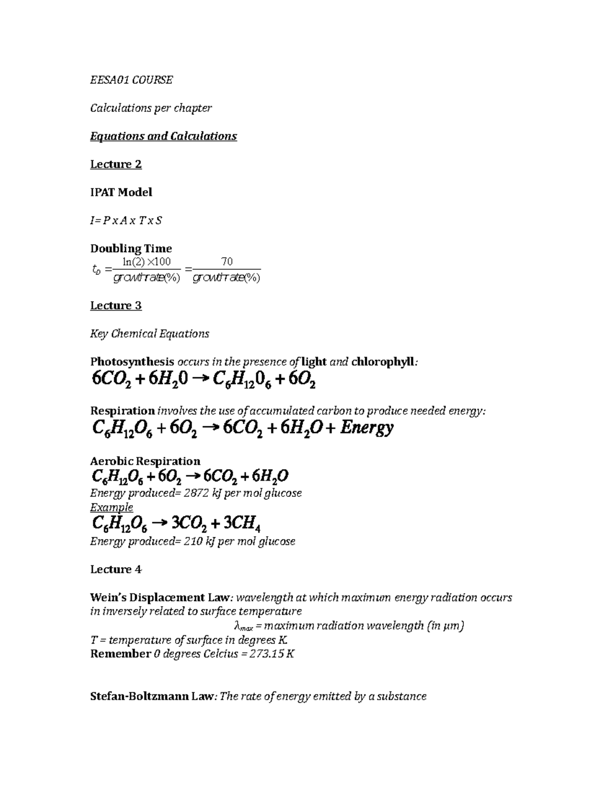 EESA01 Lecture Notes: Equations and Calculations Overview - Studocu