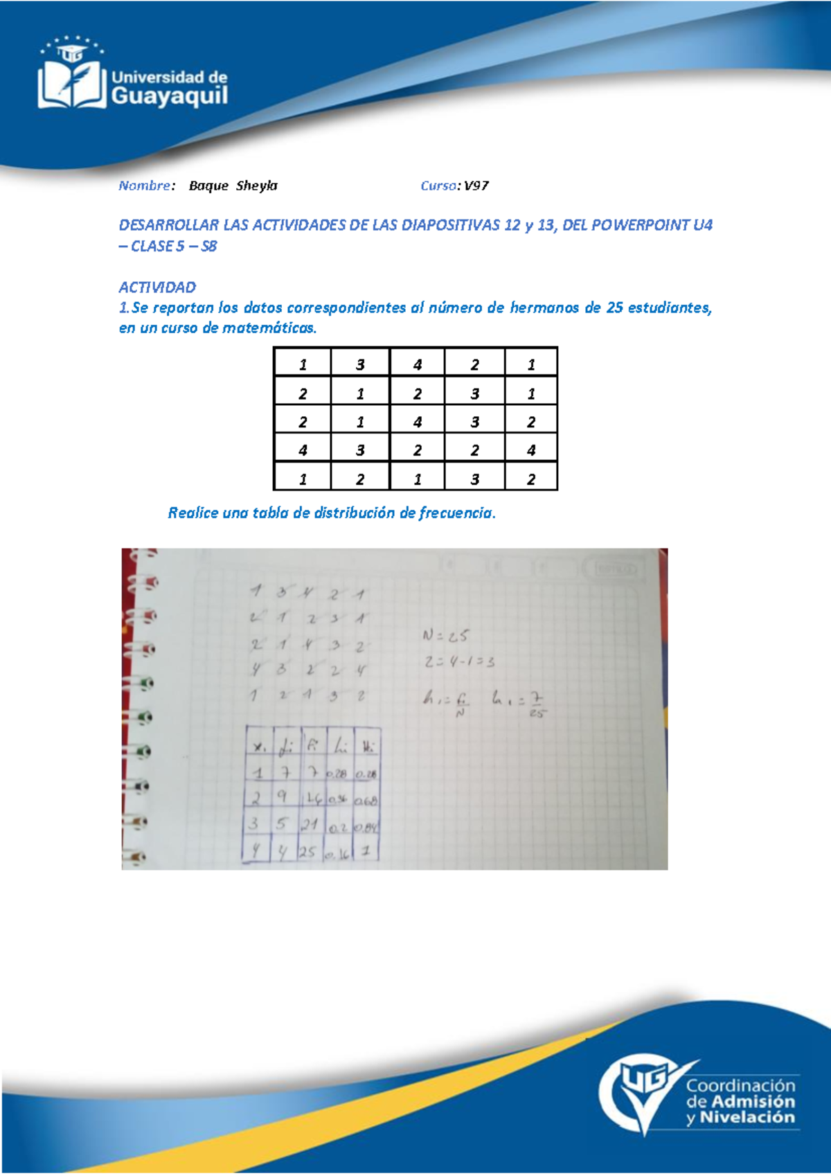 U4 - Clase 5 - S8 matematica - Nombre: Baque Sheyla Curso: V ...