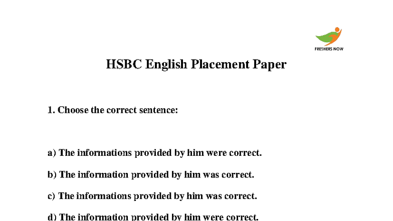 HSBC English Placement Paper - HSBC English Placement Paper Choose the ...