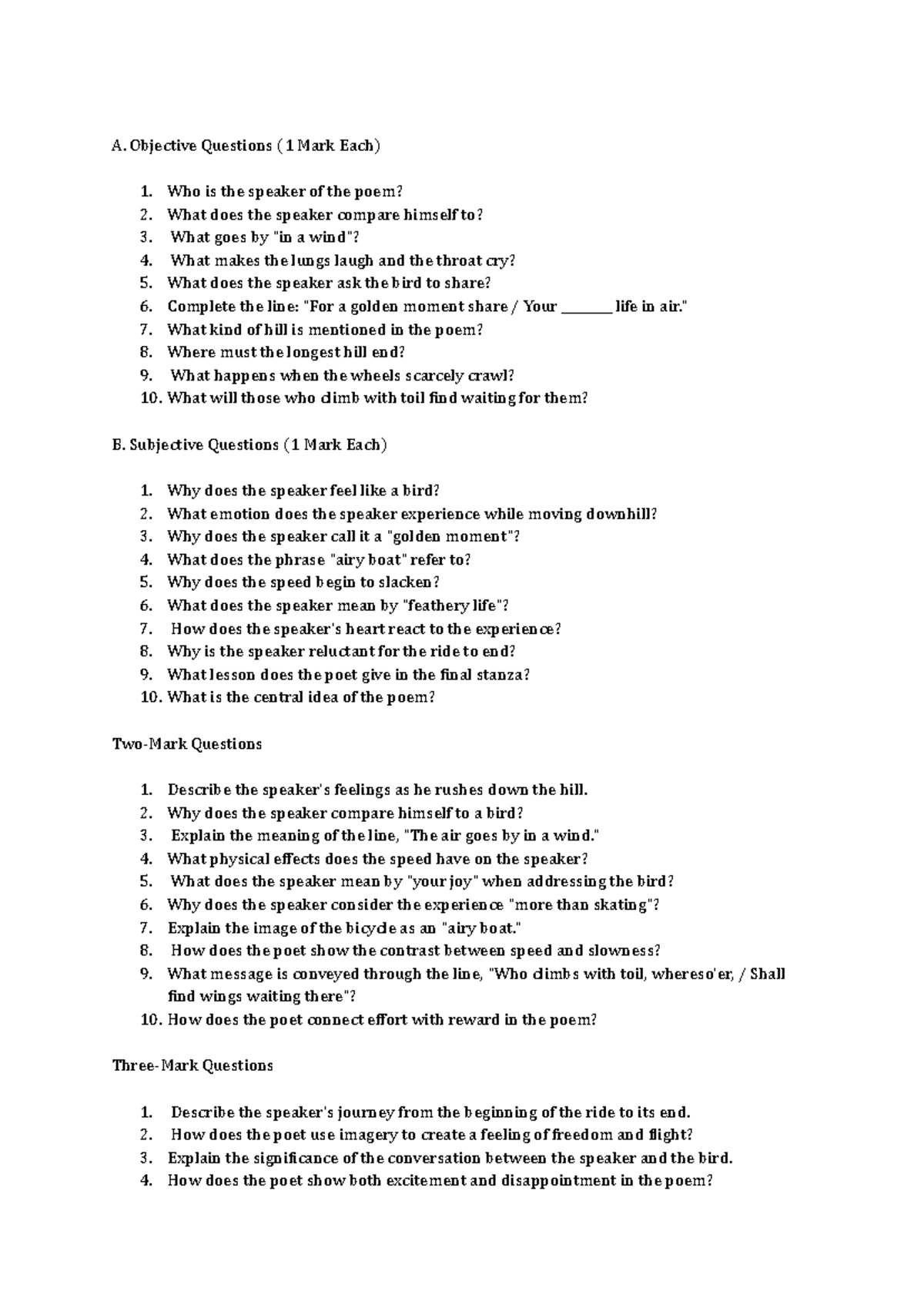 Going Down Hill on a Bicycle: Objective & Subjective Qs Worksheet - Studocu