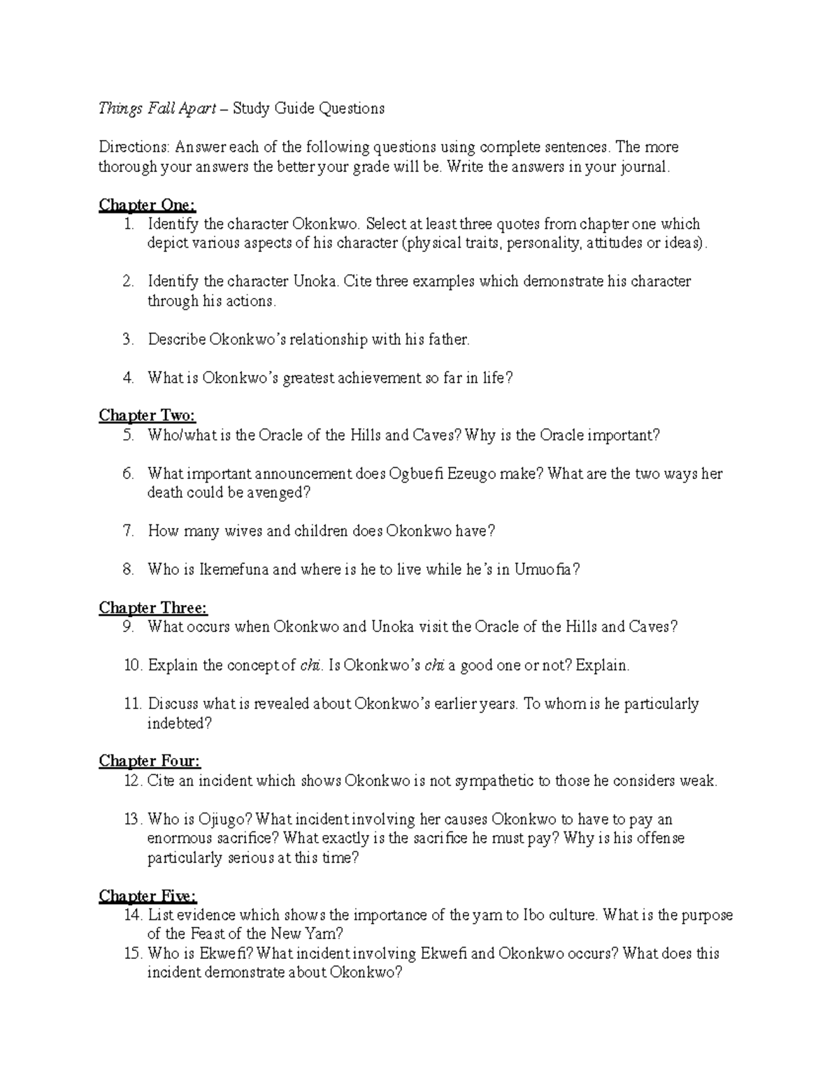 Things Fall Apart (ENG 101) Reading Guide Questions - Studocu