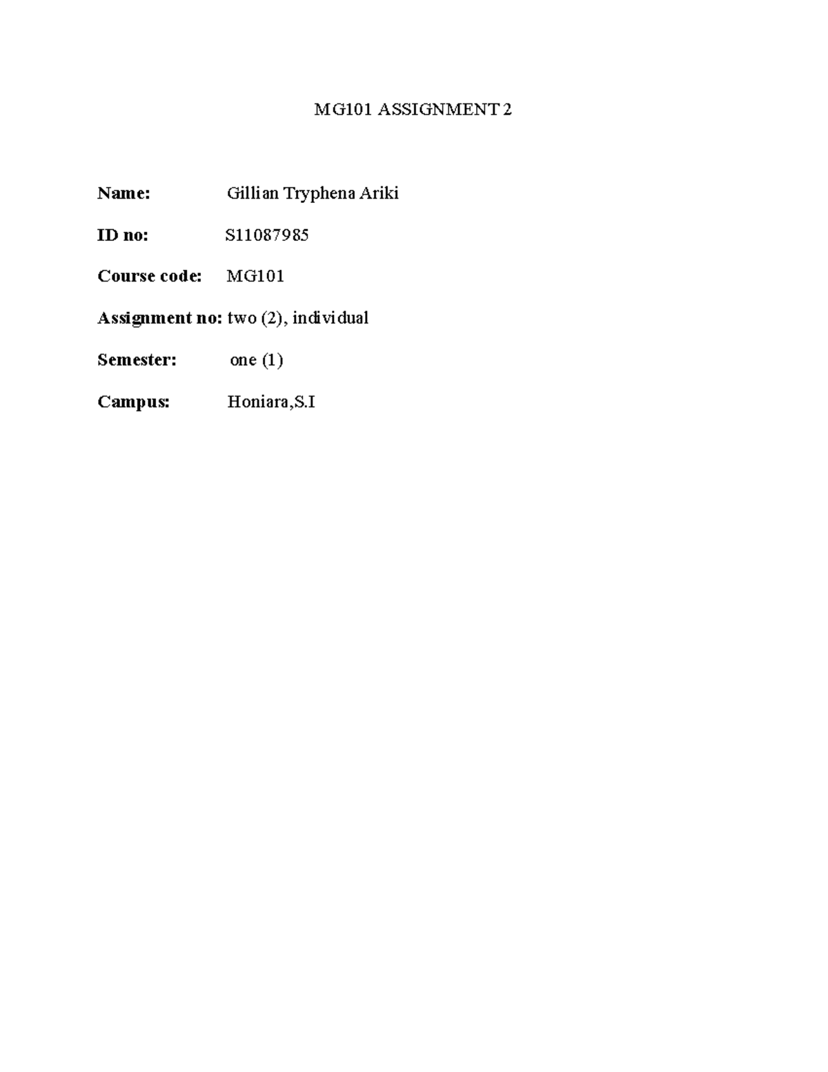 Final MG101 Assignment 2 - MG101 ASSIGNMENT 2 Name: Gillian Tryphena ...