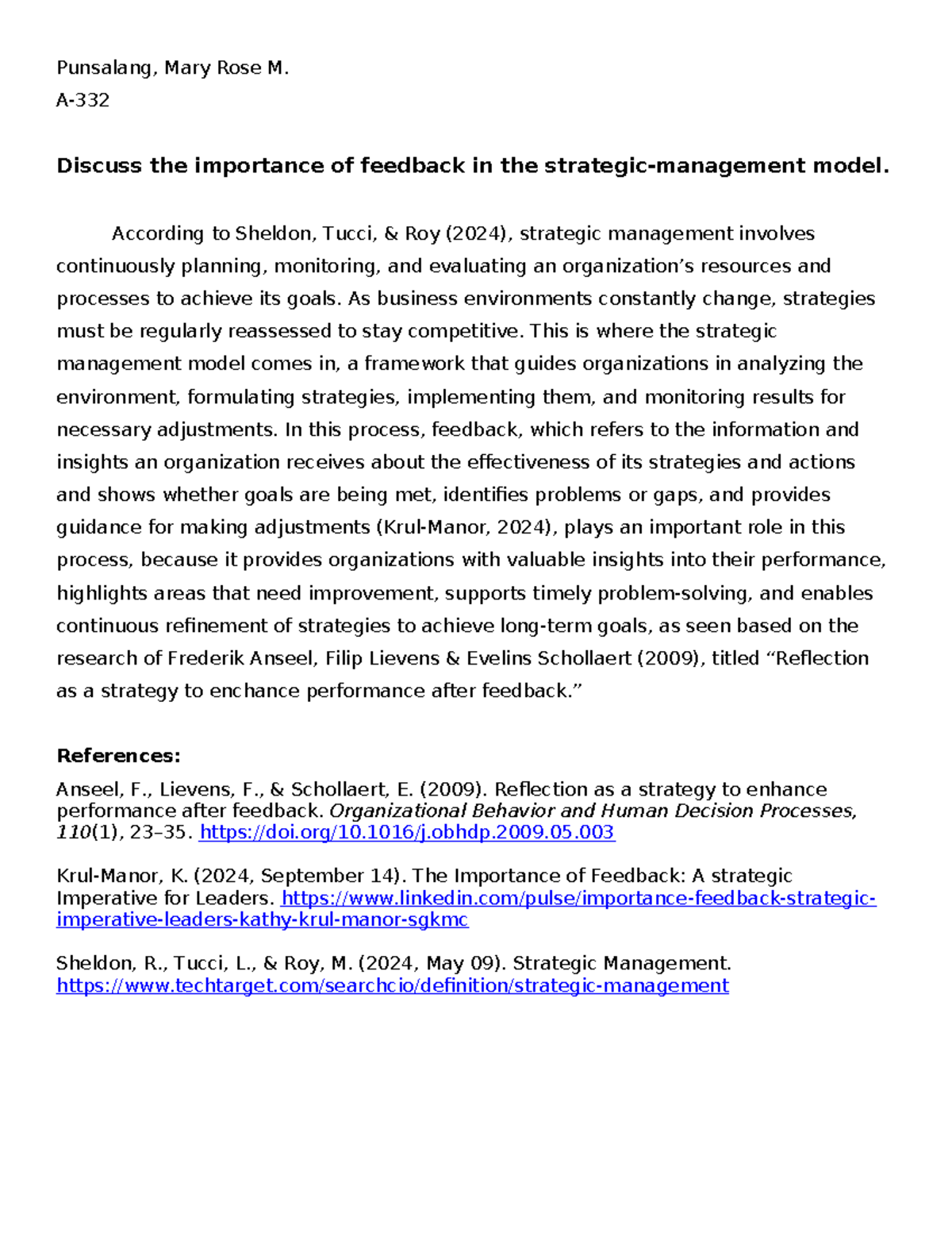Strat Man Indiv Act 1 The Role of Feedback in Strategy Development