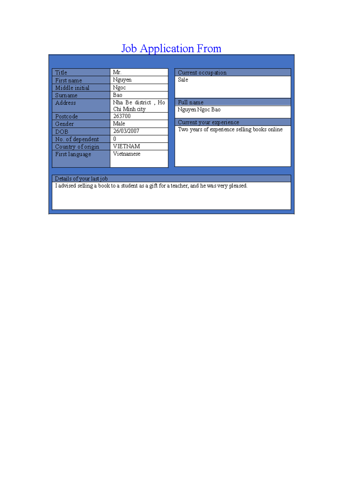 Job Application From - 123 - Job Application From Title Mr. First name ...