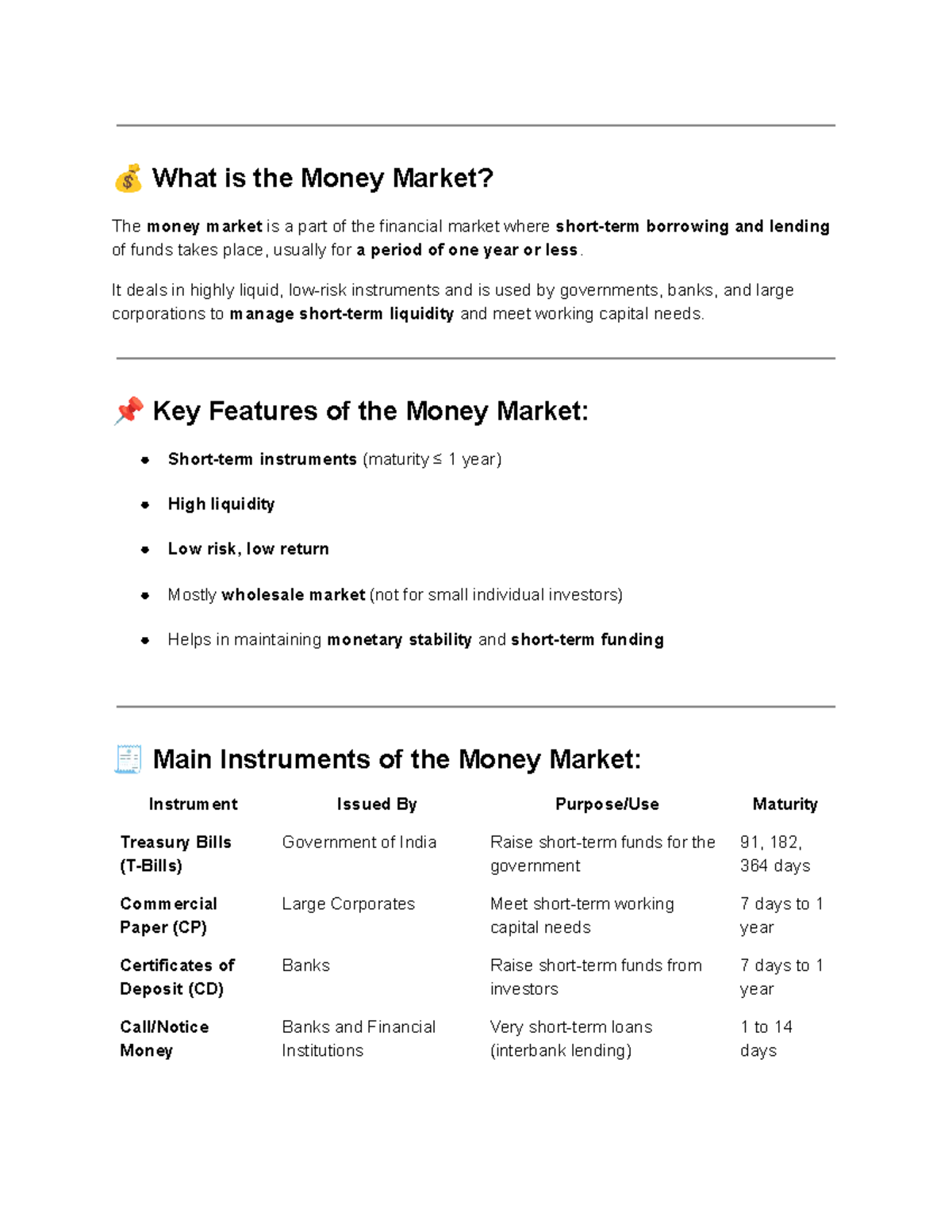 Understanding the Money Market: Key Features & Instruments - Studocu