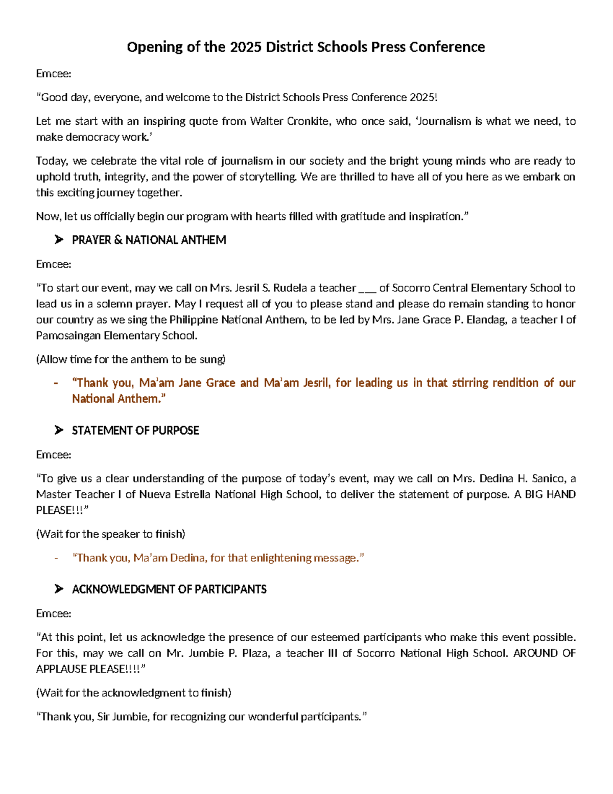 Emcee Script for DSPC 2025 Opening Ceremony - Studocu