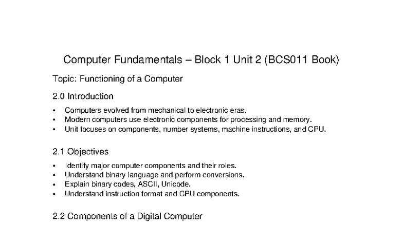 Computer Fundamentals Block 1 Unit 2 Notes (BCS011) - Studocu