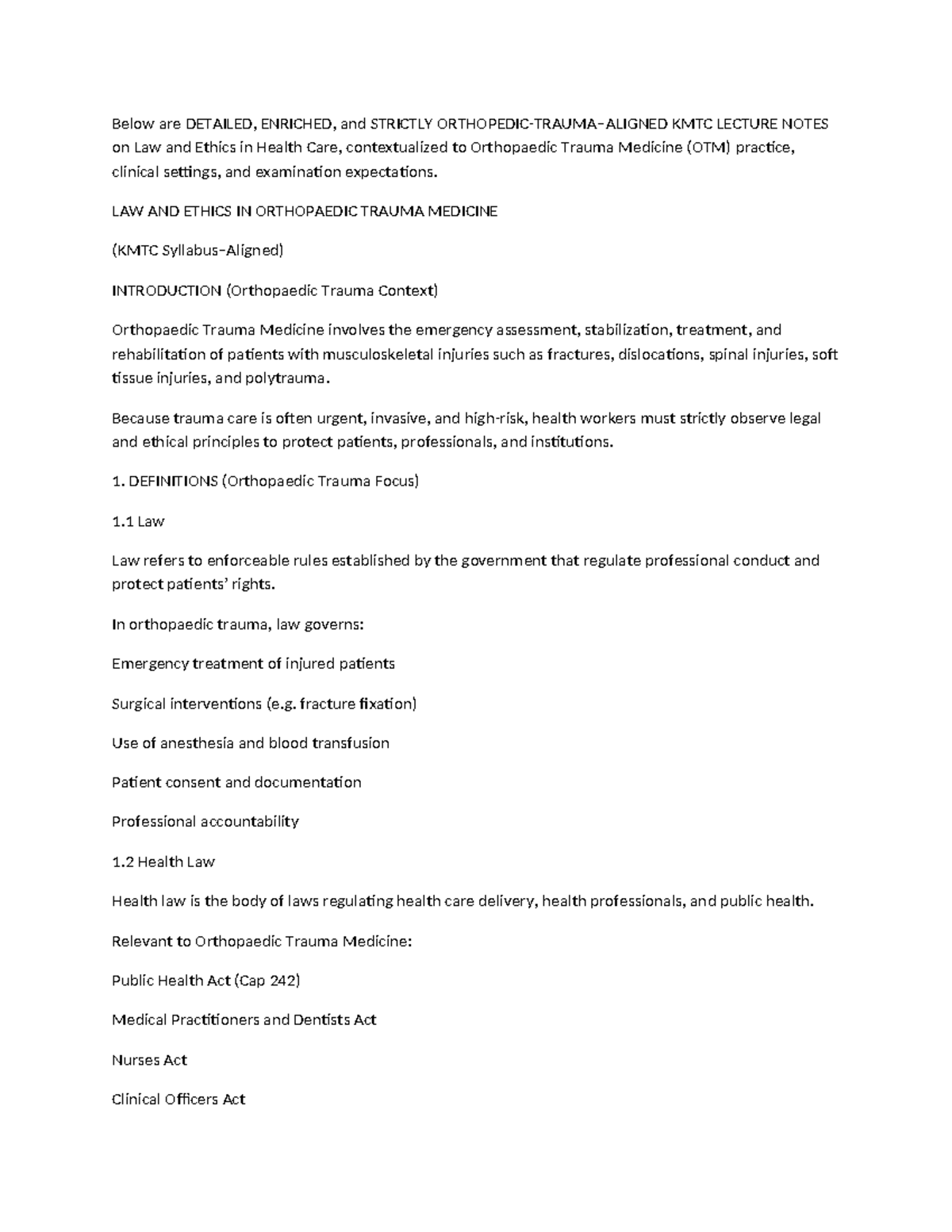 KMTC Lecture Notes: Law and Ethics in Orthopaedic Trauma Medicine - Studocu